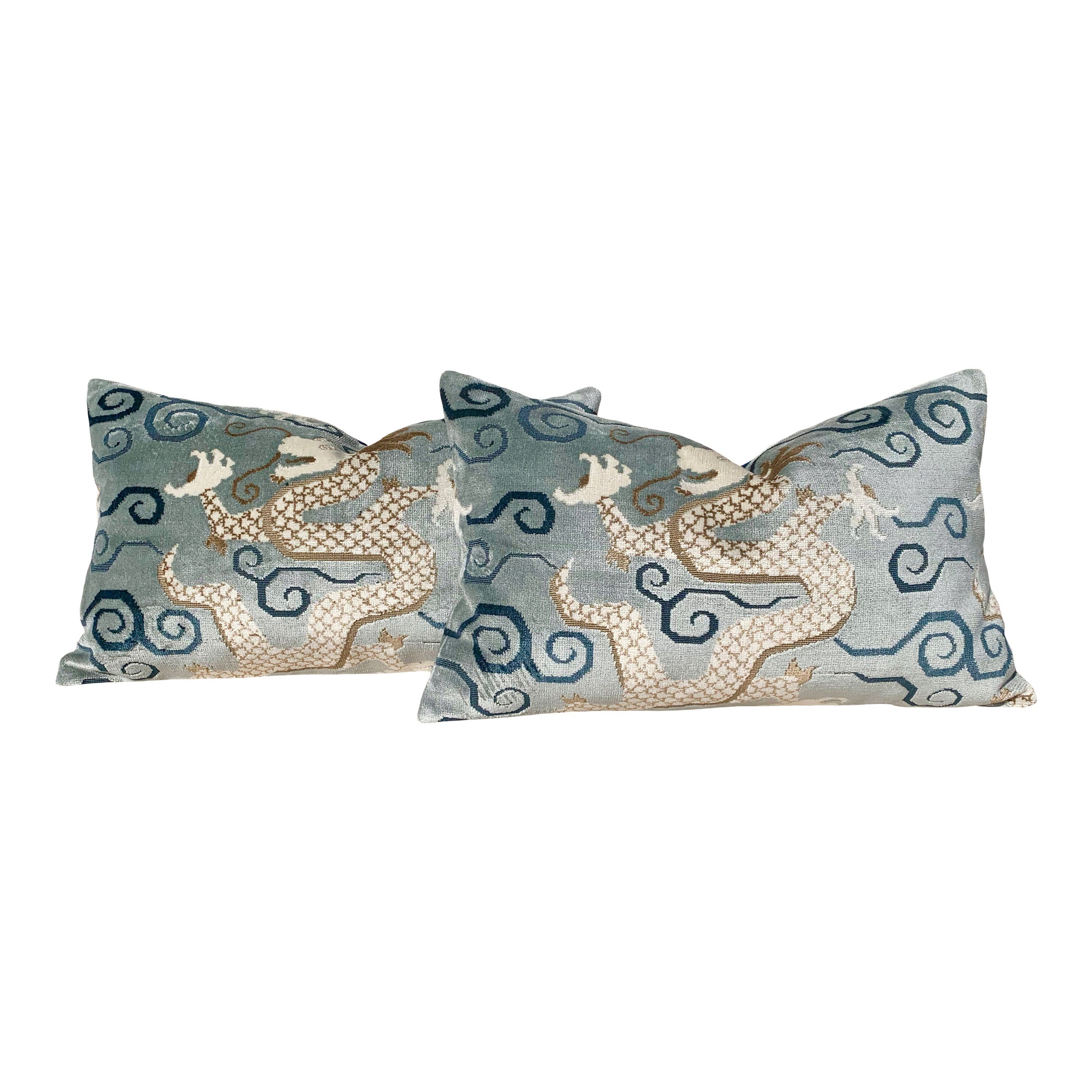 Back Ordered till End of July!!!!   Schumacher Bixi Velvet Pillow in Celestine //  Dragon Velvet Pillow // Chinoiserie Pillow Lumbar Pillow
