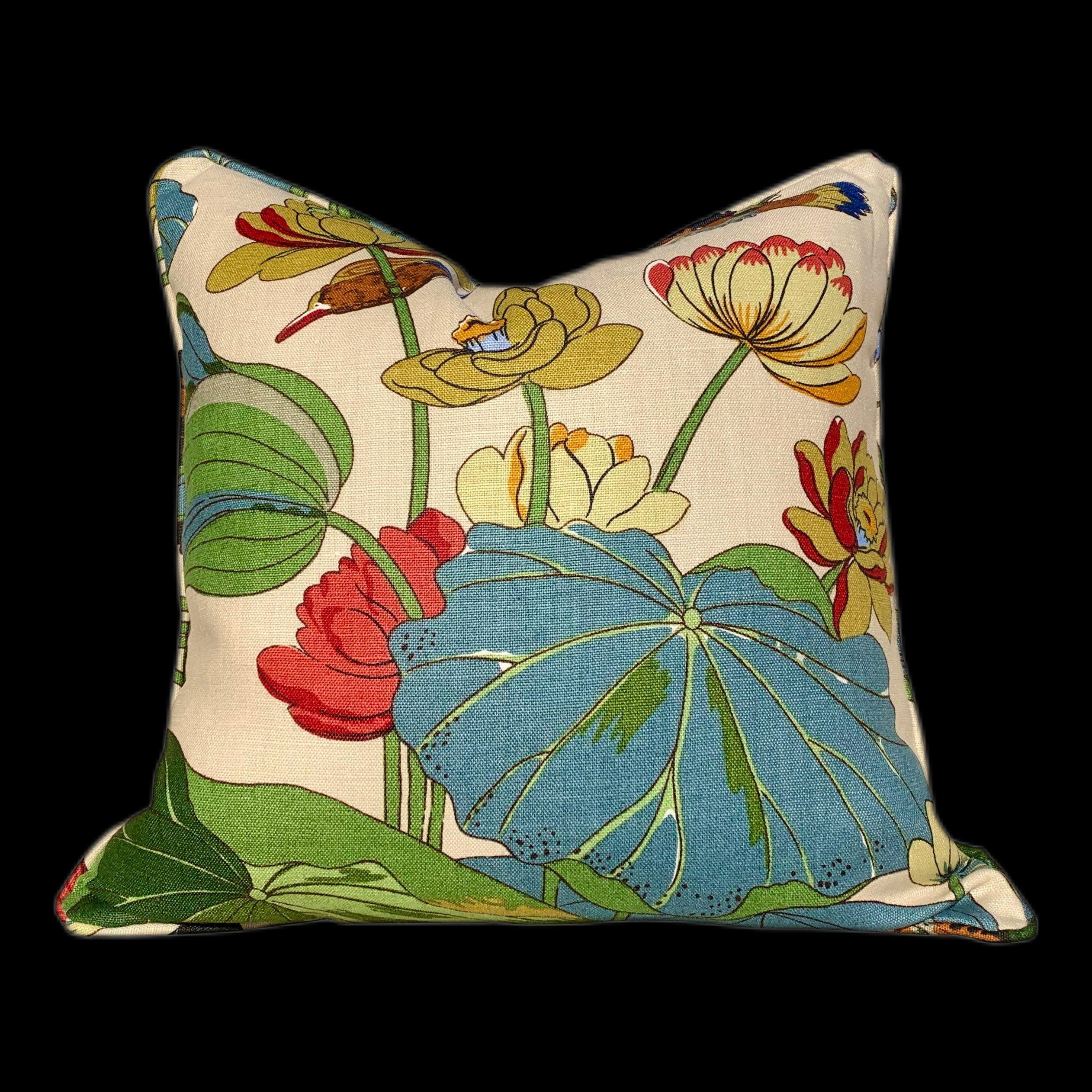 Back Ordered till End of June!!!!!   GP & J Baker Nympheus Linen Pillow in Green and Blue. Lumbar Floral Pillow.