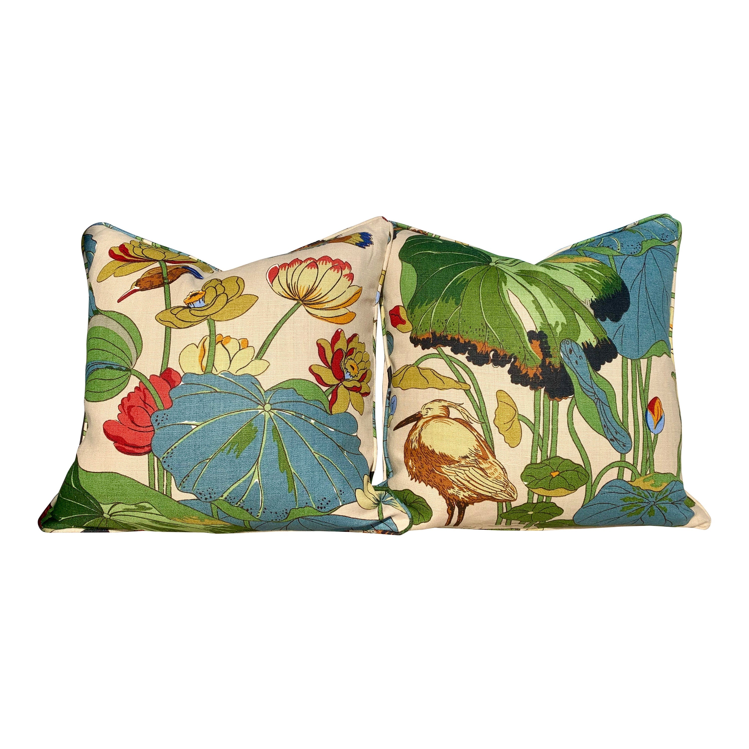 Back Ordered till End of June!!!!!   GP & J Baker Nympheus Linen Pillow in Green and Blue. Lumbar Floral Pillow.