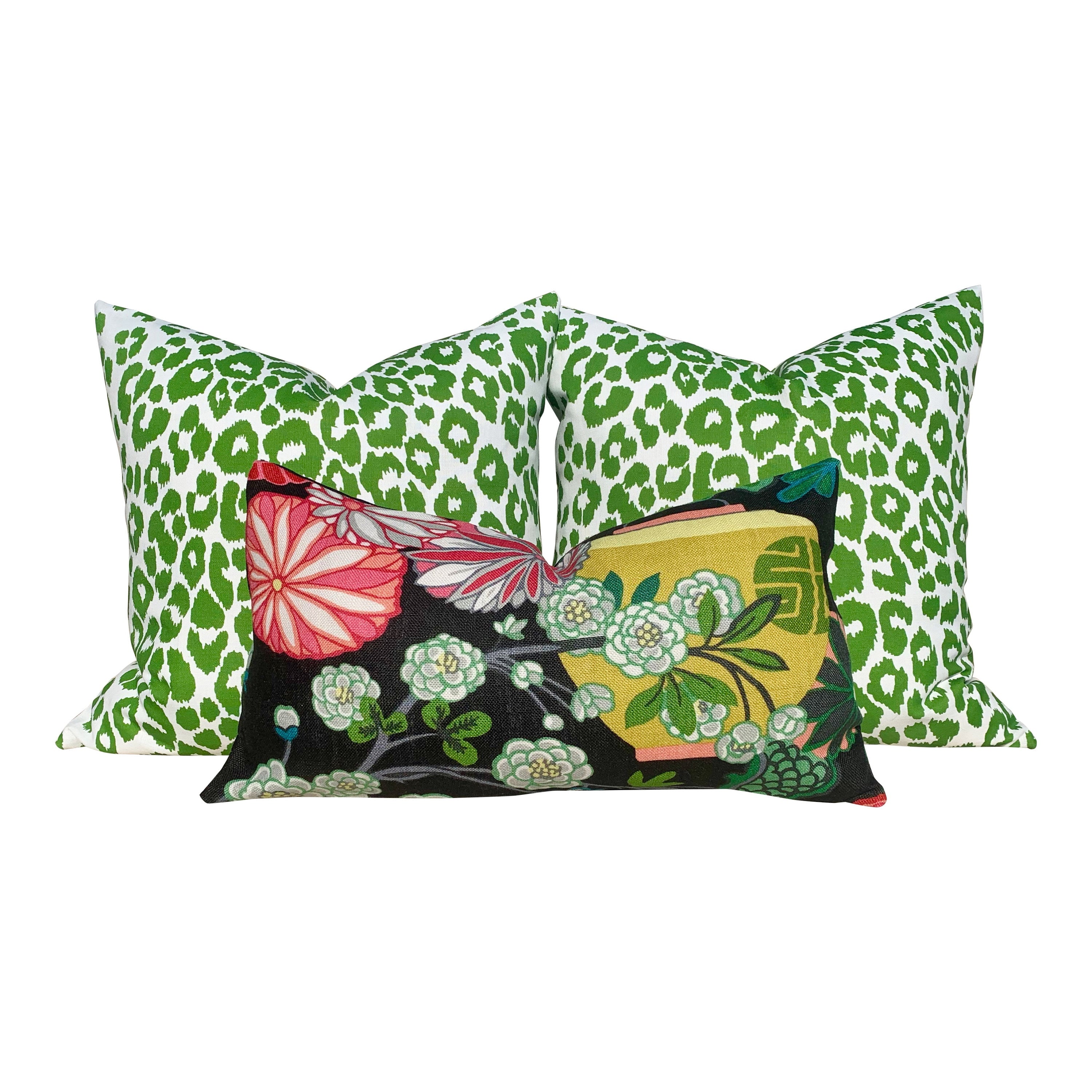 Chang Mai Dragon LInen Pillow in Ebony. Black, Pink Lumbar Pillow Cover, Chinoiserie Pillow, Green Black Floral pillow, Euro Sham Pillow