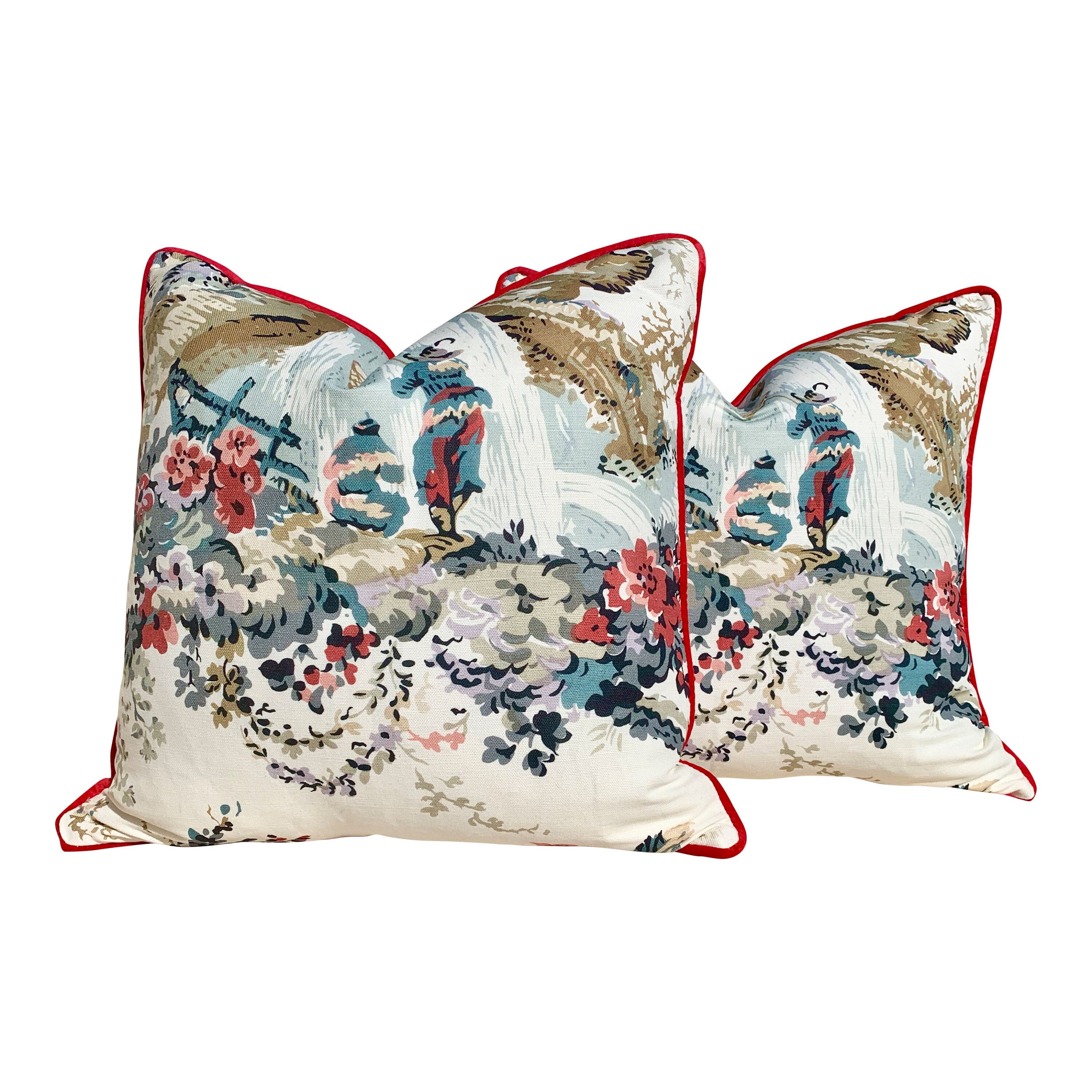 Moorea Linen Pillow in Cream, Red. Floral LInen Pillow. Chinoiserie Pillow, lumbar Floral Pillow Cover, Euro Sham Pillow, Decorative Pillow