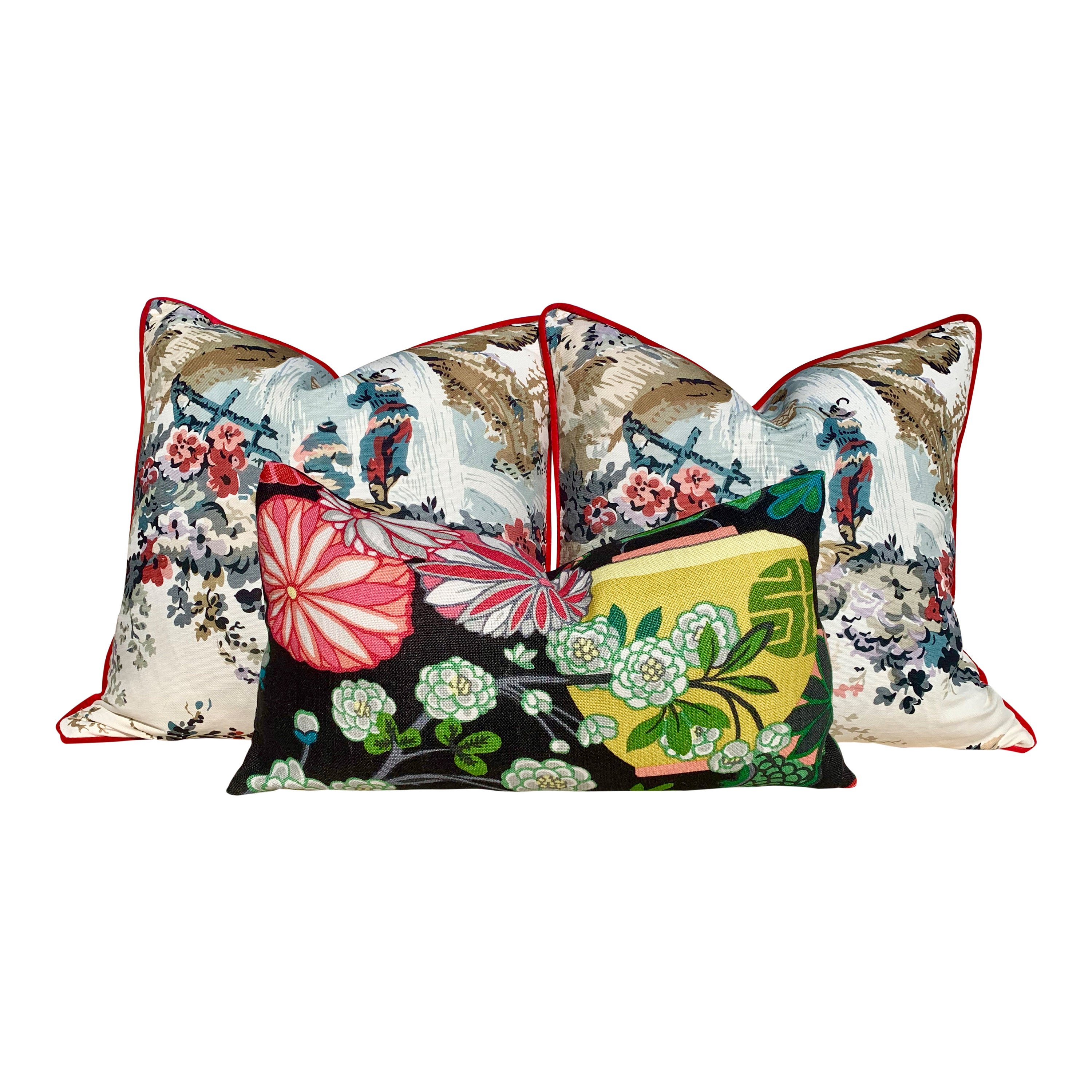 Moorea Linen Pillow in Cream, Red. Floral LInen Pillow. Chinoiserie Pillow, lumbar Floral Pillow Cover, Euro Sham Pillow, Decorative Pillow