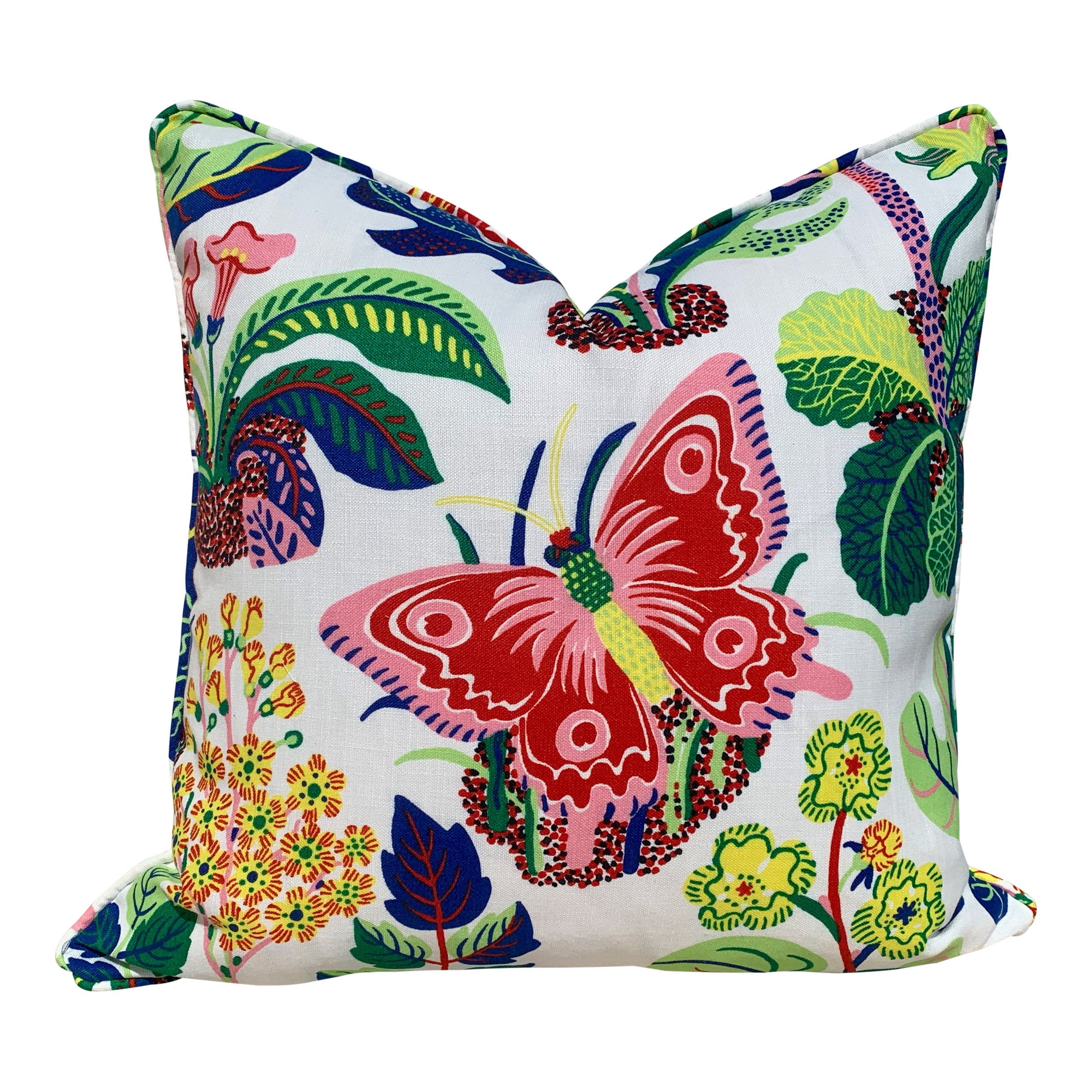 Outdoor Exotic Butterfly Pillow Pink Blue Green, Schumacher Floral Pillow Pink, Lumbar Butterfly Pillow, Multicolor Toss Throw, Josef Frank