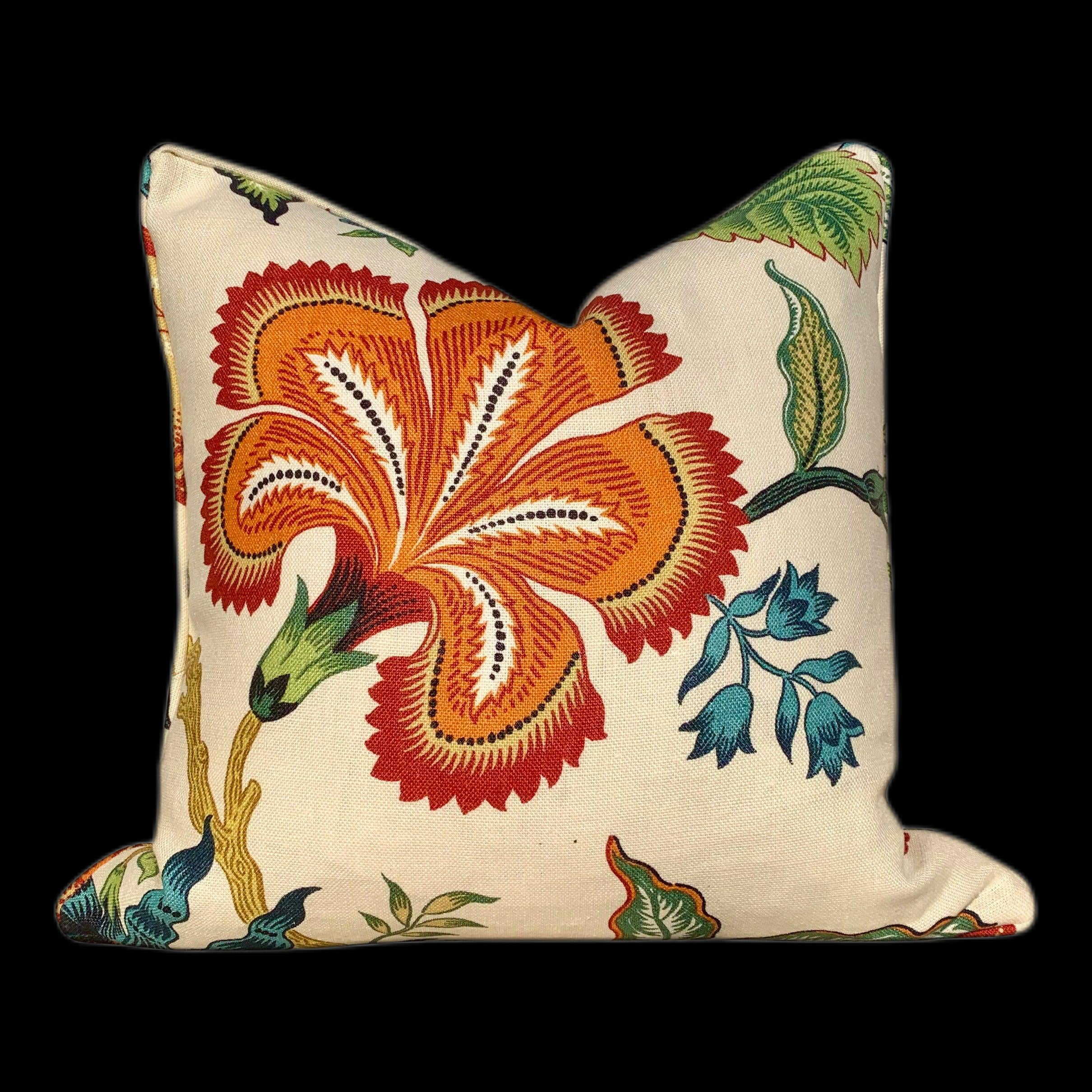Schumacher Hothouse Floral Pillow in Hot Spark. Lumbar Floral Pillow.