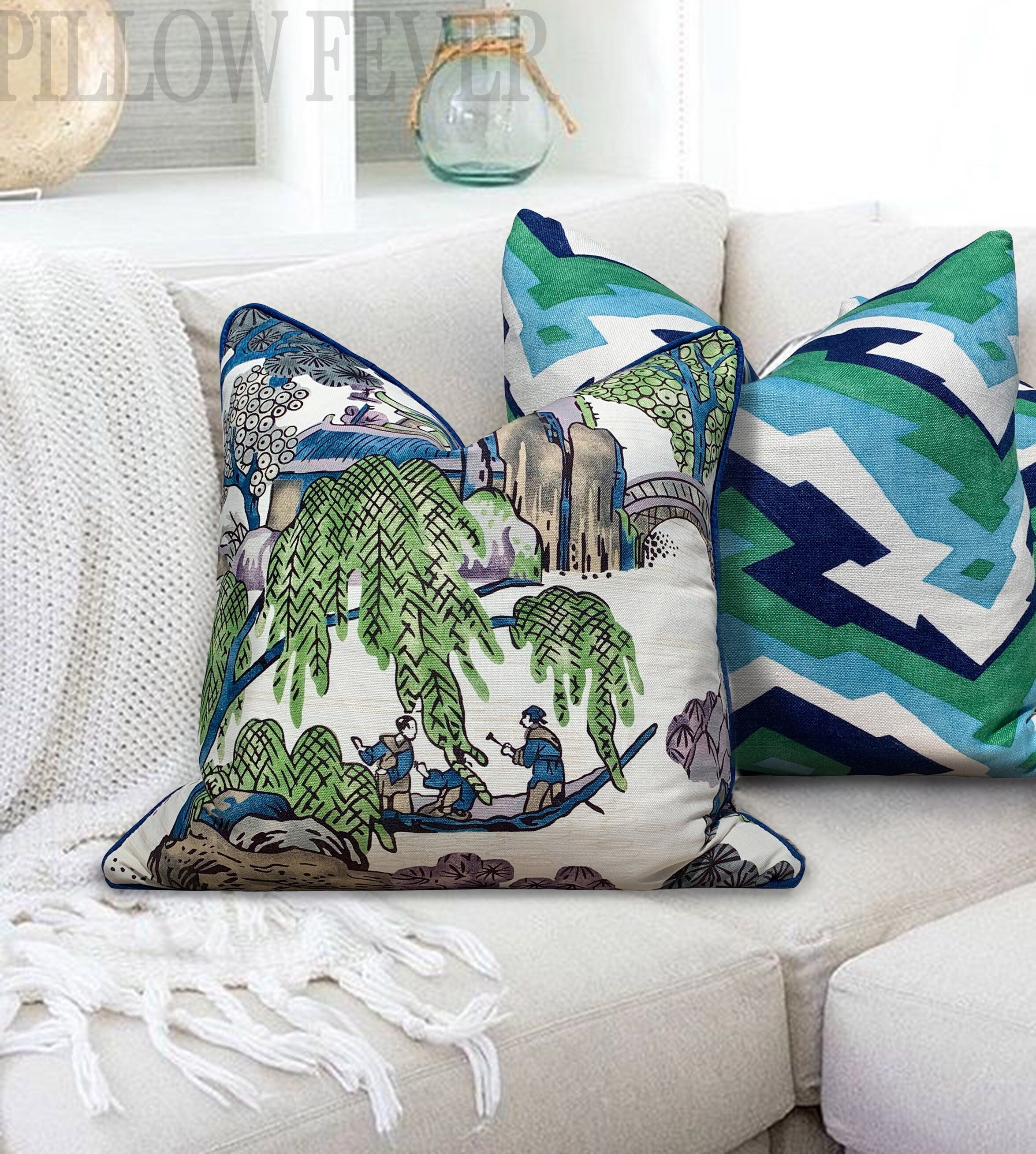 Thibaut "Asian Scenic" Pillow  Green Purple. Accent Pillow Cover, Designer Cushion, Decorative Pillow, High End Pillow, Chinoiserie Pillow
