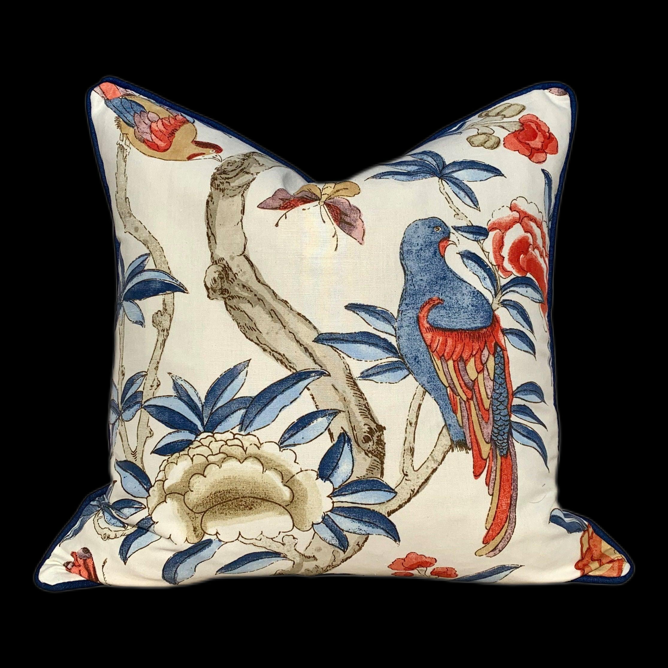 Thibaut Gissele Linen Pillow In Blue and Red, Solid Blue Pipping. Lumbar Tropical Pillow.