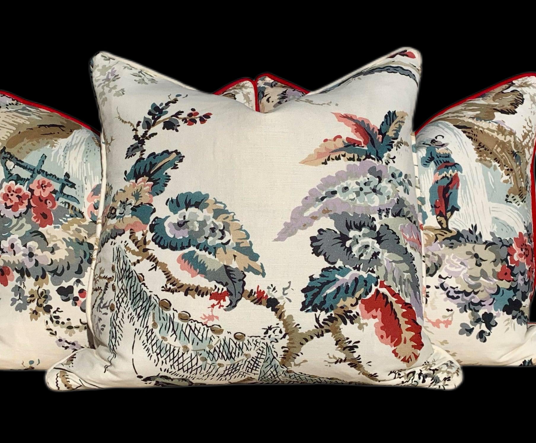 Thibaut Moorea Floral Linen Pillow in Cream and Red. Floral LInen Pillow, Lumbar Cream Red Pillow, Bedding Pillows, Ivory Cushion Cover