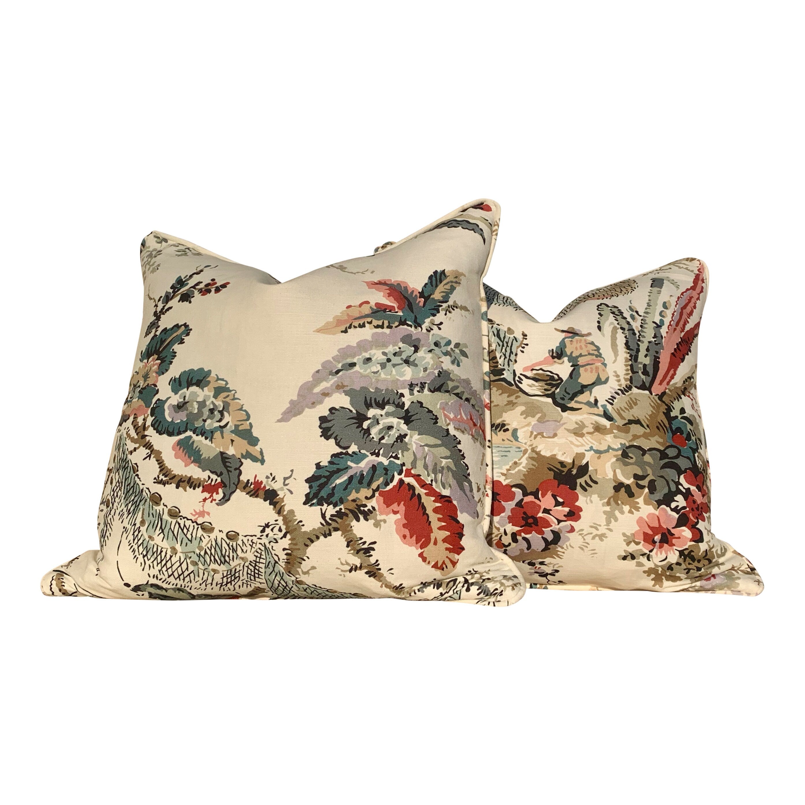 Thibaut Moorea Floral Linen Pillow in Cream and Red. Floral LInen Pillow, Lumbar Cream Red Pillow, Bedding Pillows, Ivory Cushion Cover