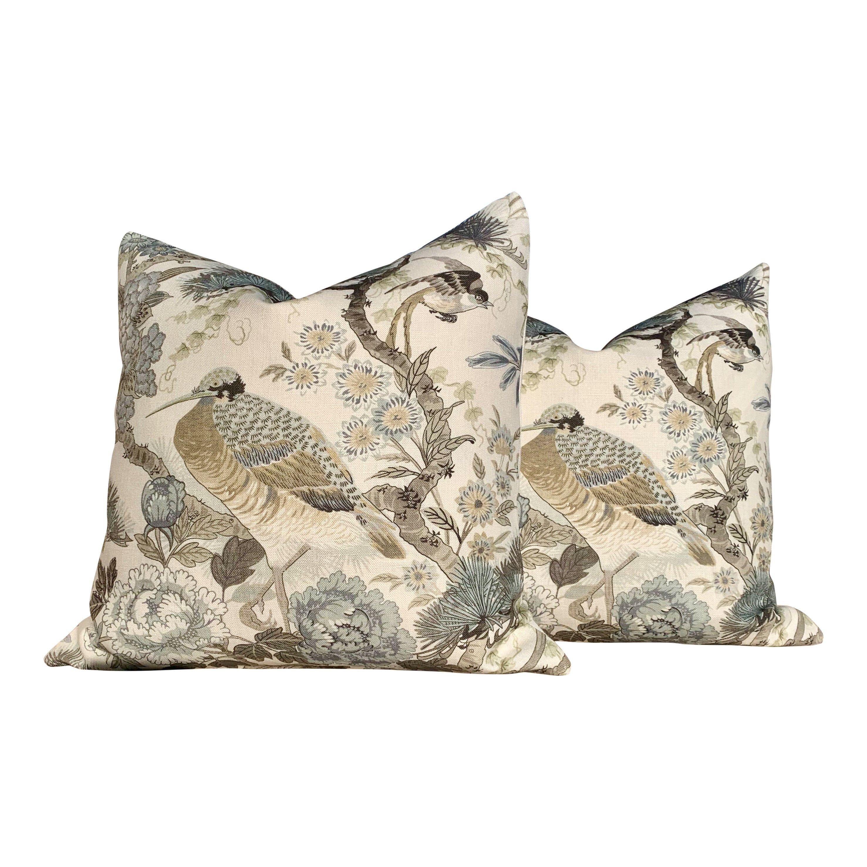 Shenyang Linen Pillow in Parchment. Chinoserie Greige Decorative Pillow Scalamandre Linen Large Bird Cushion Pillows Beige Euro Sham Cover