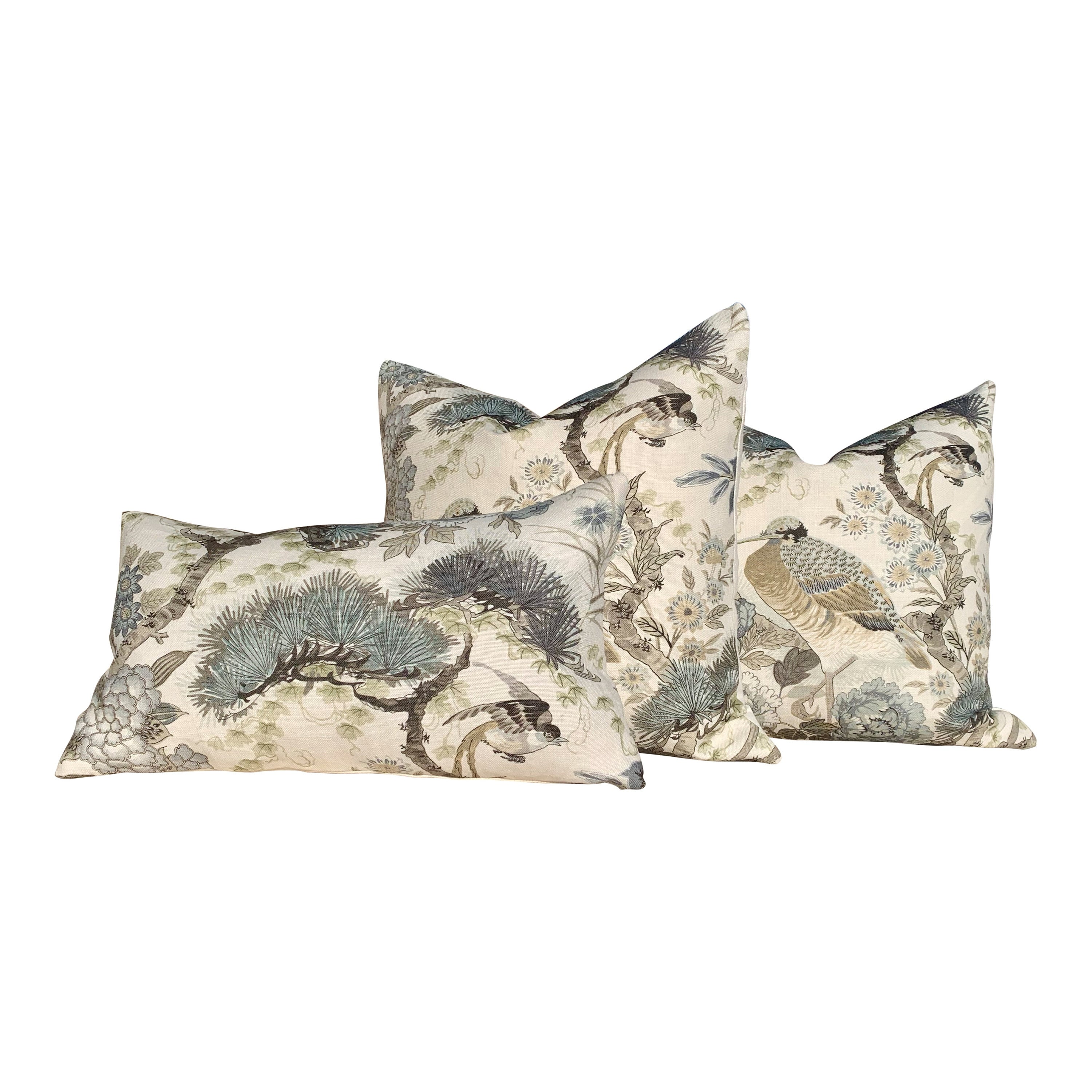 Shenyang Linen Pillow in Parchment. Chinoserie Greige Decorative Pillow Scalamandre Linen Large Bird Cushion Pillows Beige Euro Sham Cover