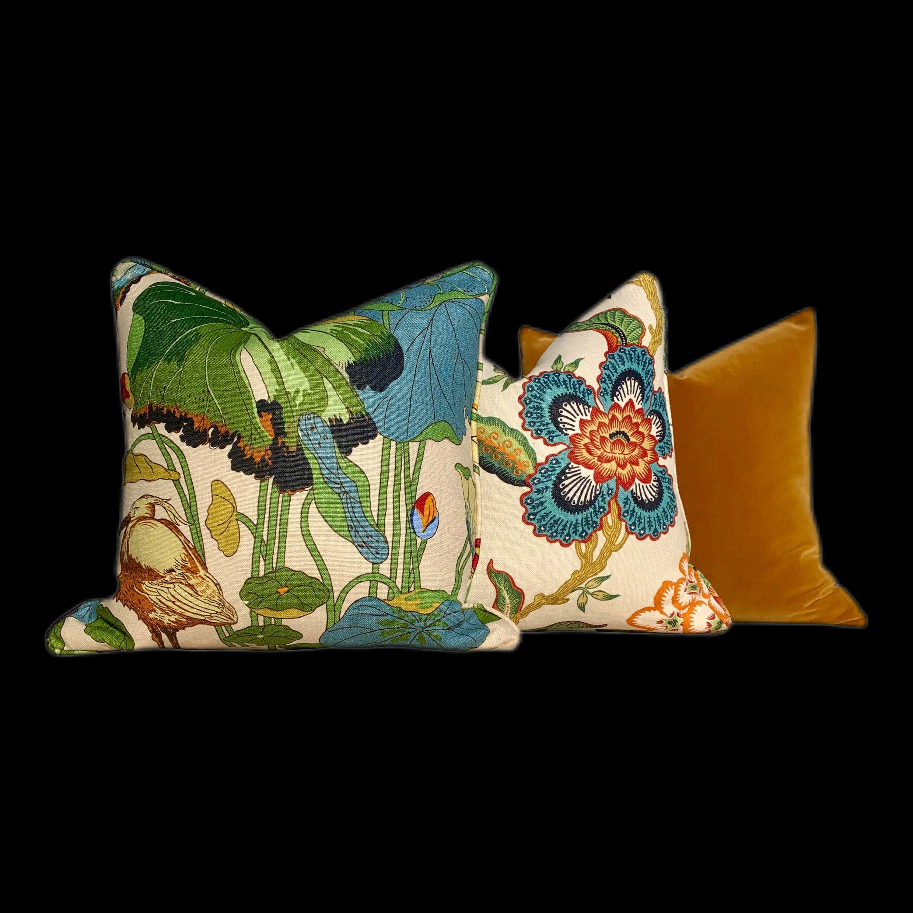 Back Ordered till End of June!!!!!   GP & J Baker Nympheus Linen Pillow in Green and Blue. Lumbar Floral Pillow.