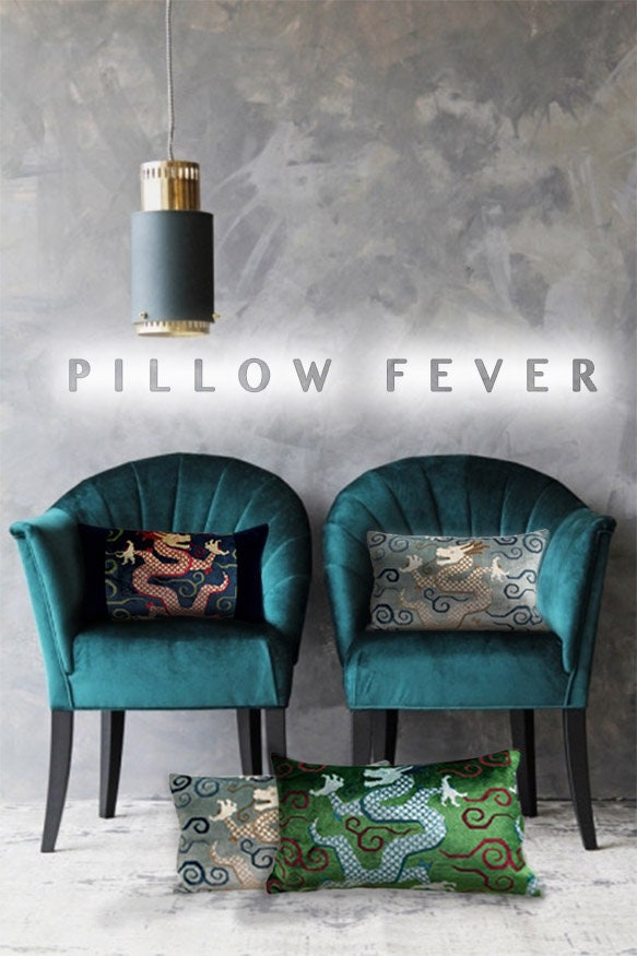 Schumacher Bixi Velvet Lumbar Pillow in Navy Blue. Dragon Velvet Pillow, Red Navy Chinoiserie Cushion, Asian Pillow Cover, Luxurious Pillow