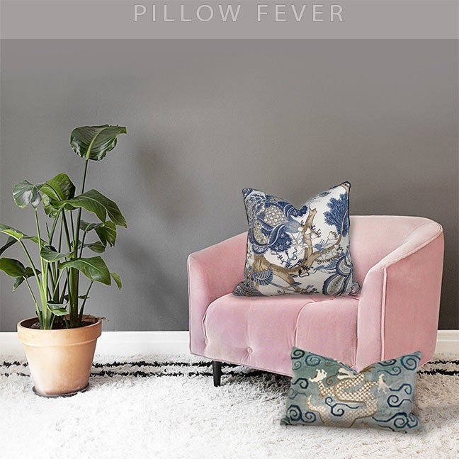 Back Ordered till End of July!!!!   Schumacher Bixi Velvet Pillow in Celestine //  Dragon Velvet Pillow // Chinoiserie Pillow Lumbar Pillow