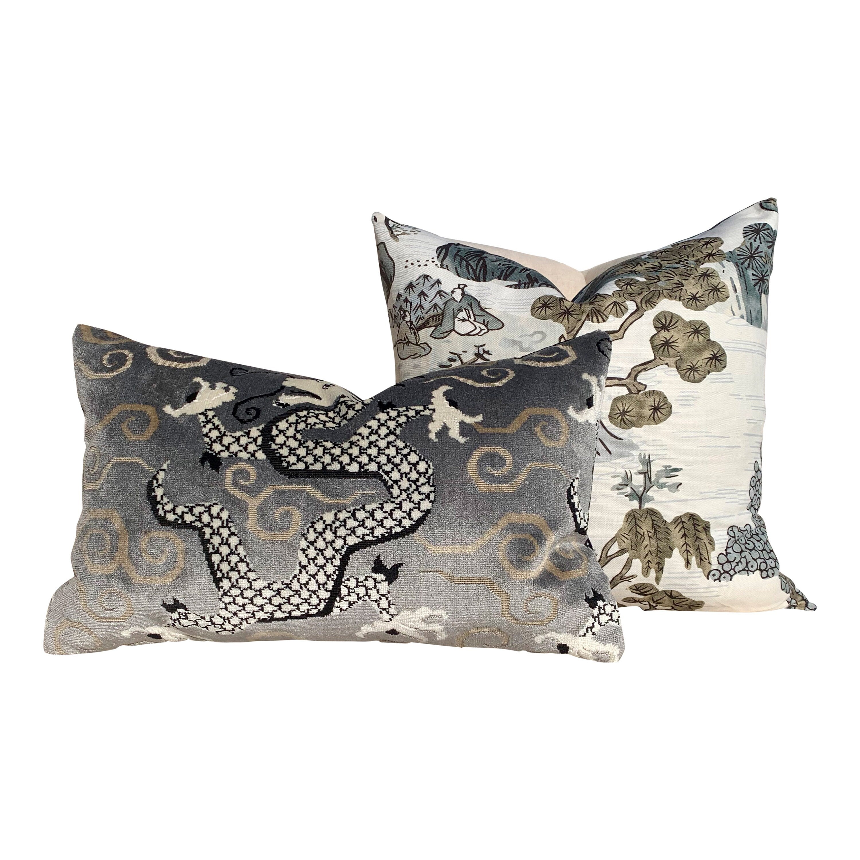 Schumacher Bixi Velvet Lumbar Pillow in Smoke. Dragon Velvet Pillow.
