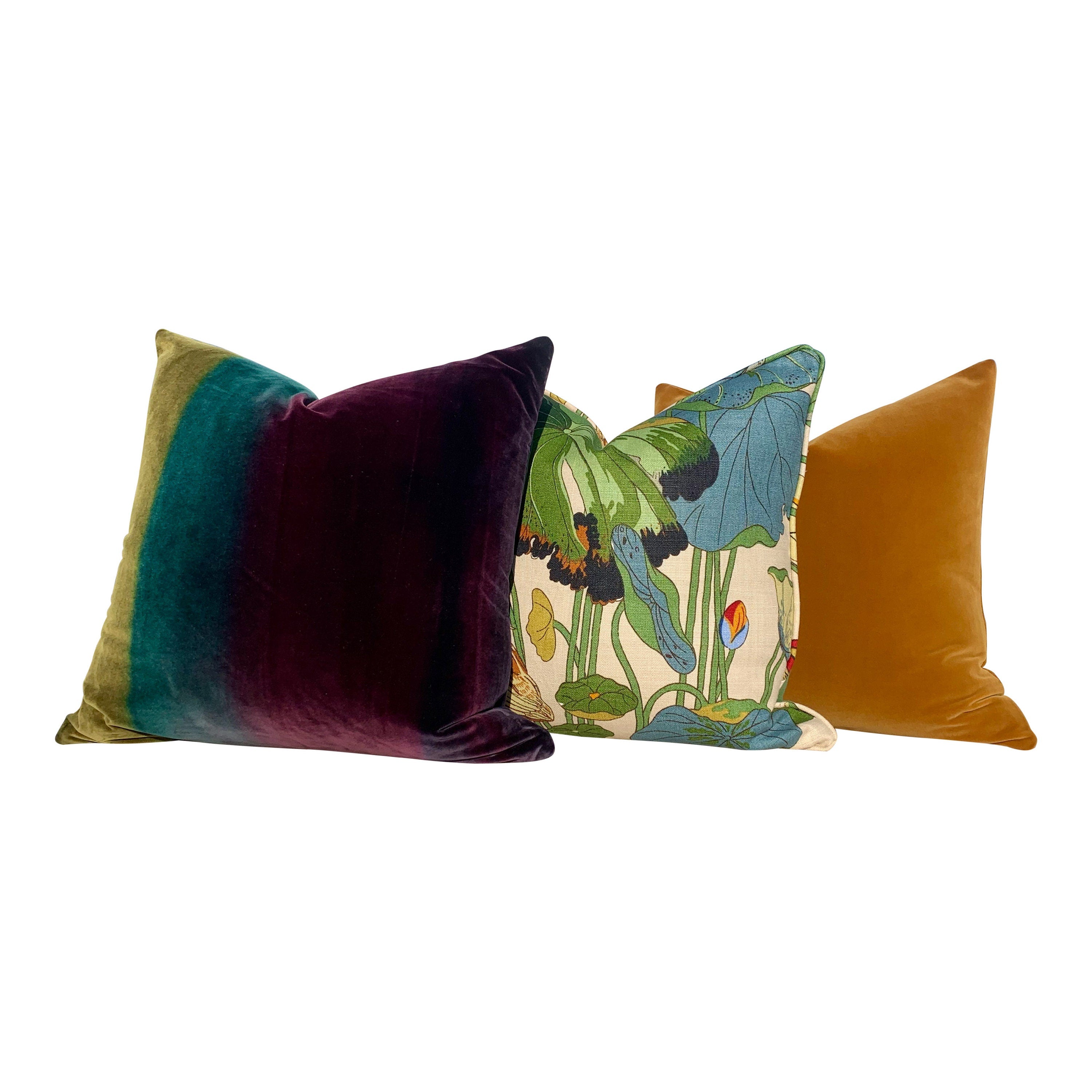 Amazilia Velvet Pillow in Gooseberry, Emerald, Loganberry. Lumbar Ombre Velvet Pillow