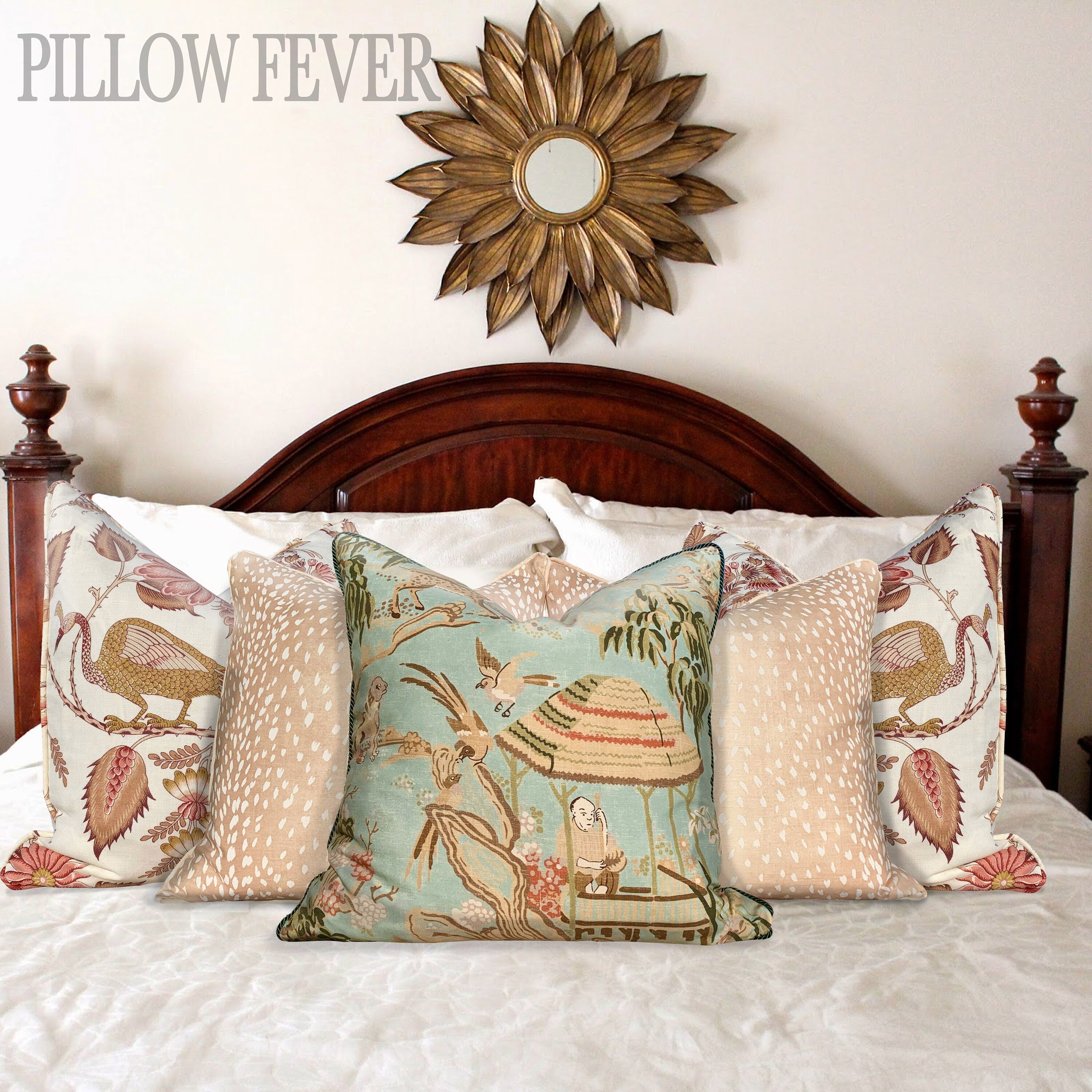 Peacock Rose Gold Pillow. Bird Lumbar Pillow, Rose Floral Pillow, Gold Pillow Cover, Euro Sham 26x26, Chinoiserie Pillow