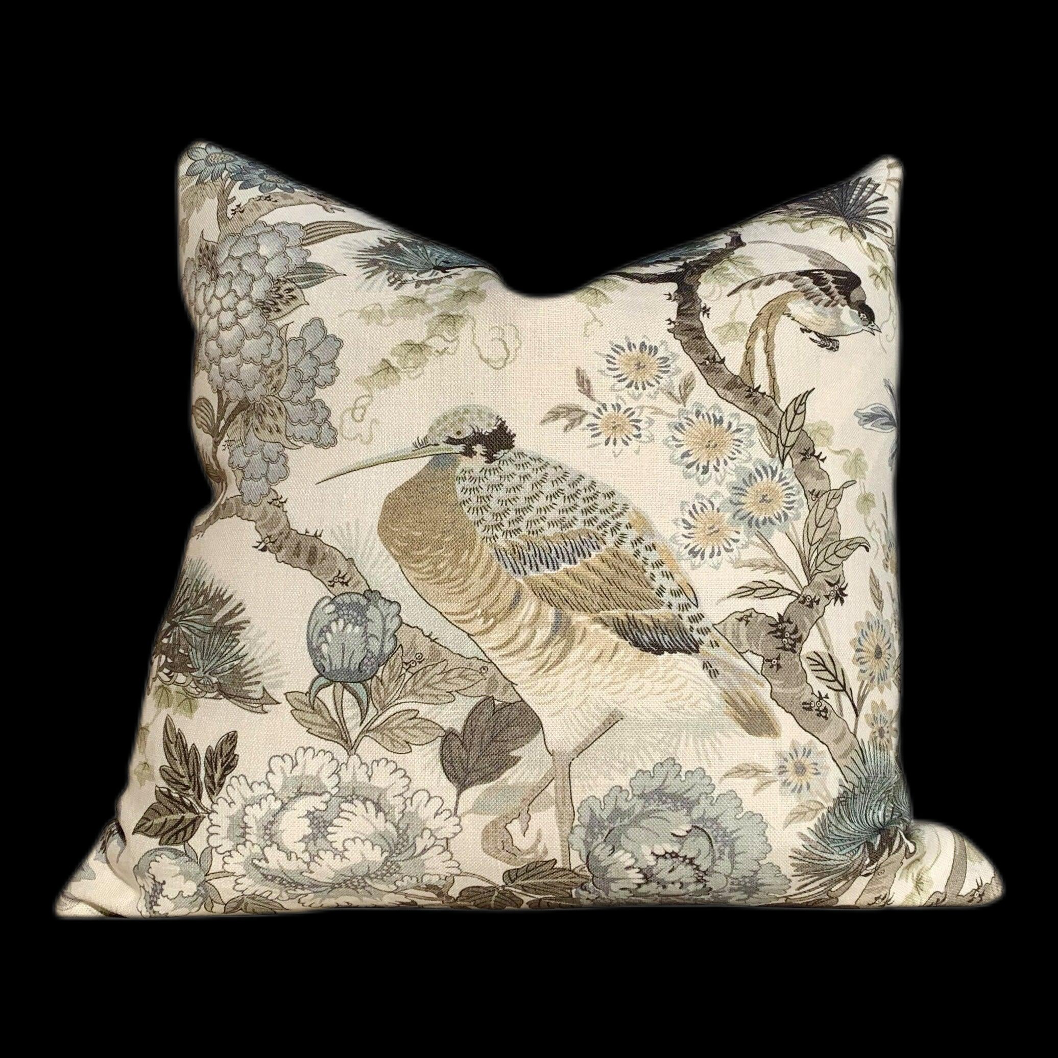 Shenyang Linen Pillow in Parchment. Chinoserie Greige Decorative Pillow Scalamandre Linen Large Bird Cushion Pillows Beige Euro Sham Cover