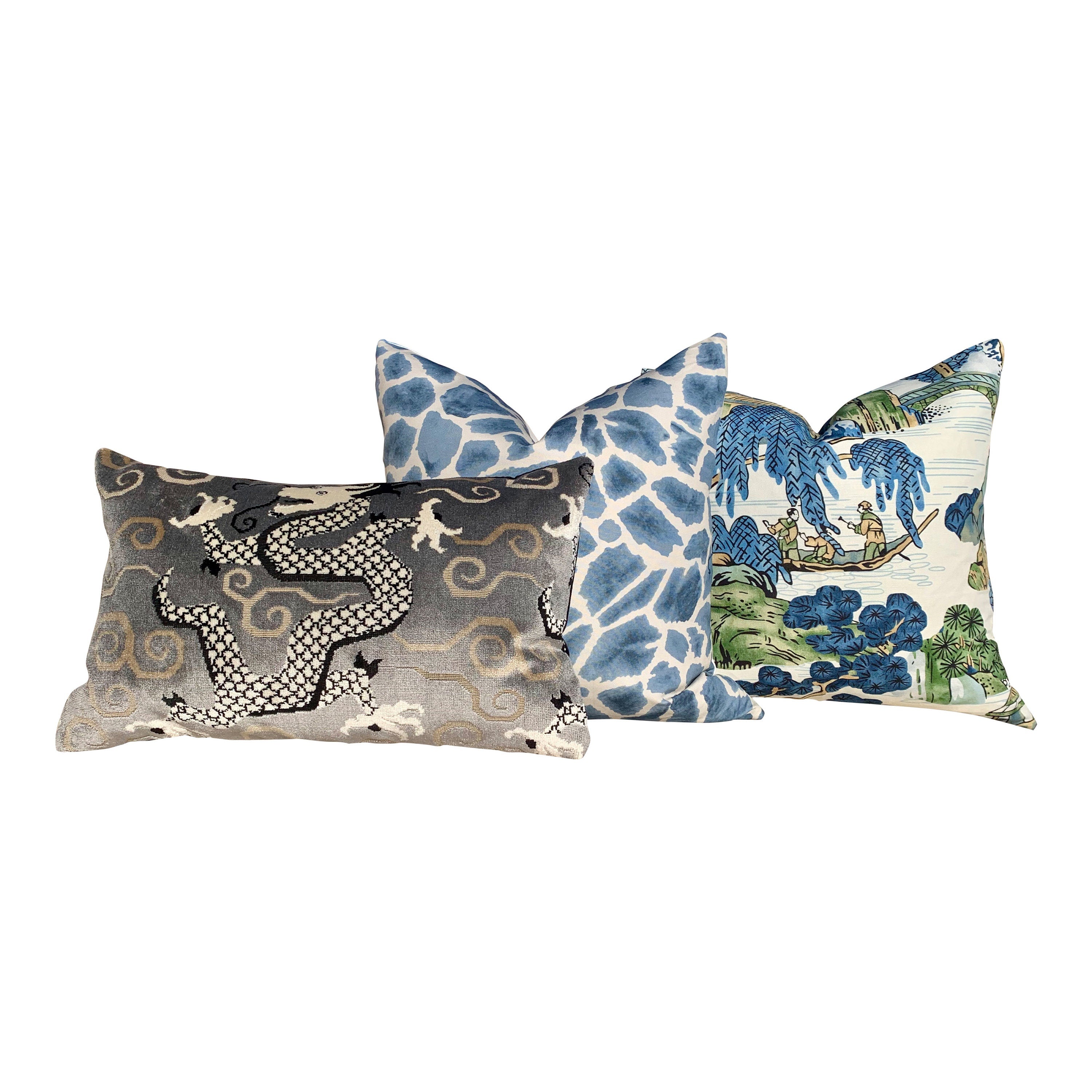 Thibaut Makena Decorative Pillow in Slate Blue. Giraffe Lumbar Cushion Cover Blue. Designer Pillow Cover. Accent throw pillow.
