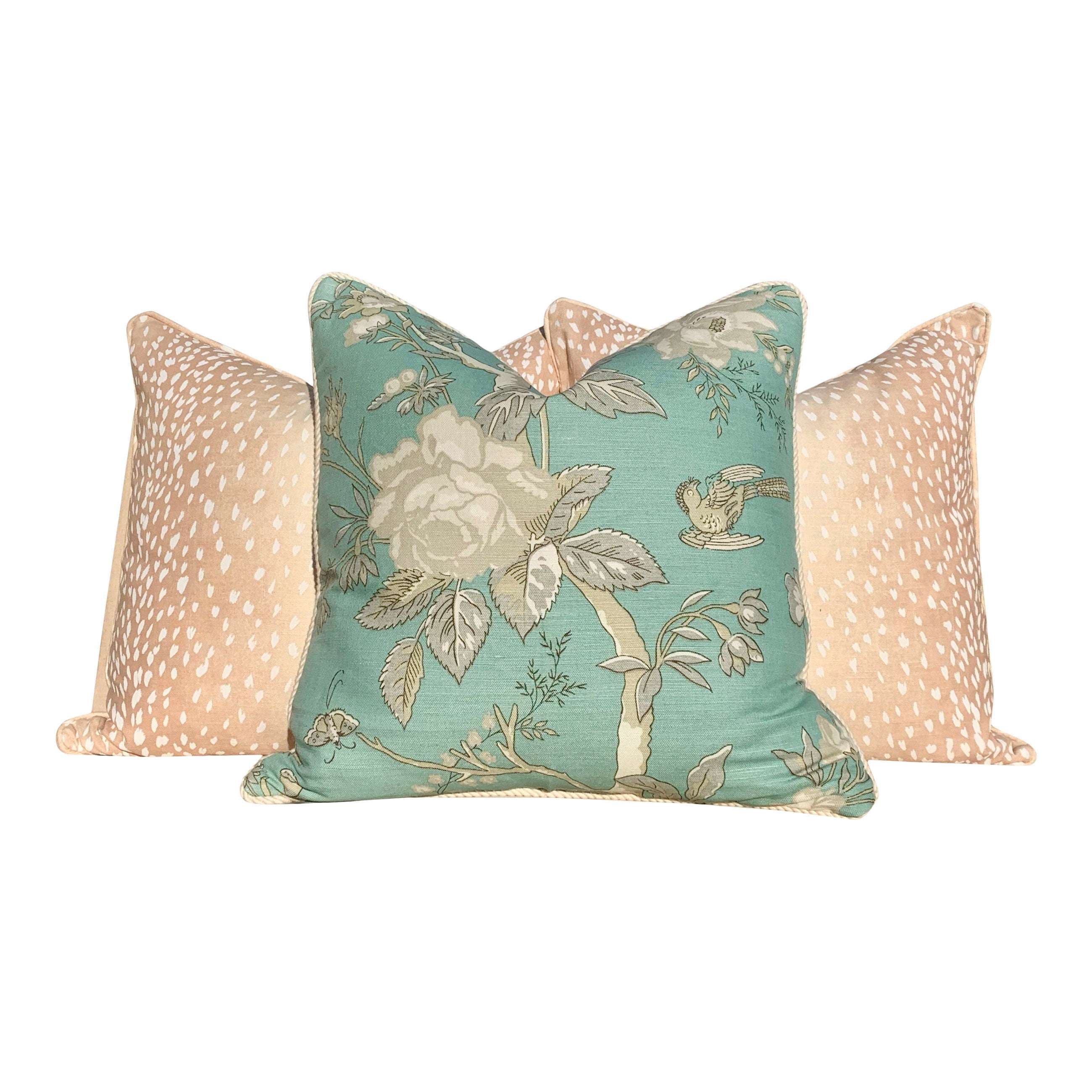 Thibaut Nemour Floral Pillow In Aqua Green Embellished with Cotton Rope Trim . Lumbar Floral Pillow.