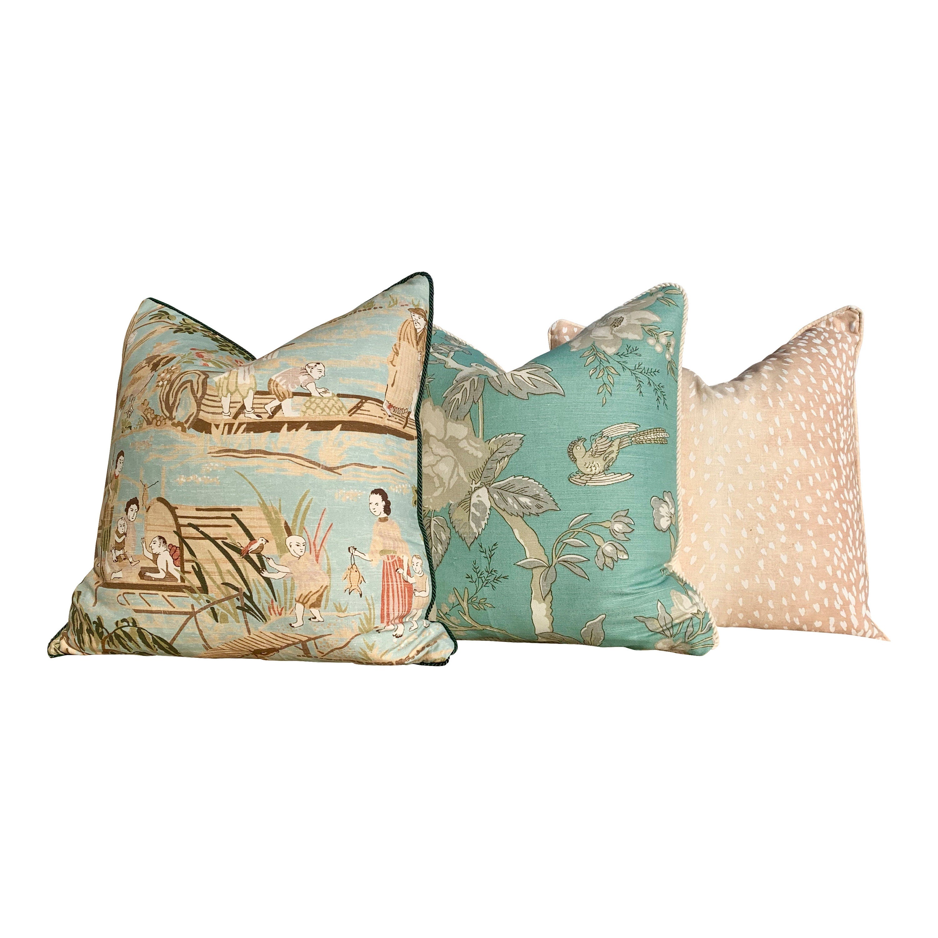 Thibaut Nemour Floral Pillow In Aqua Green Embellished with Cotton Rope Trim . Lumbar Floral Pillow.