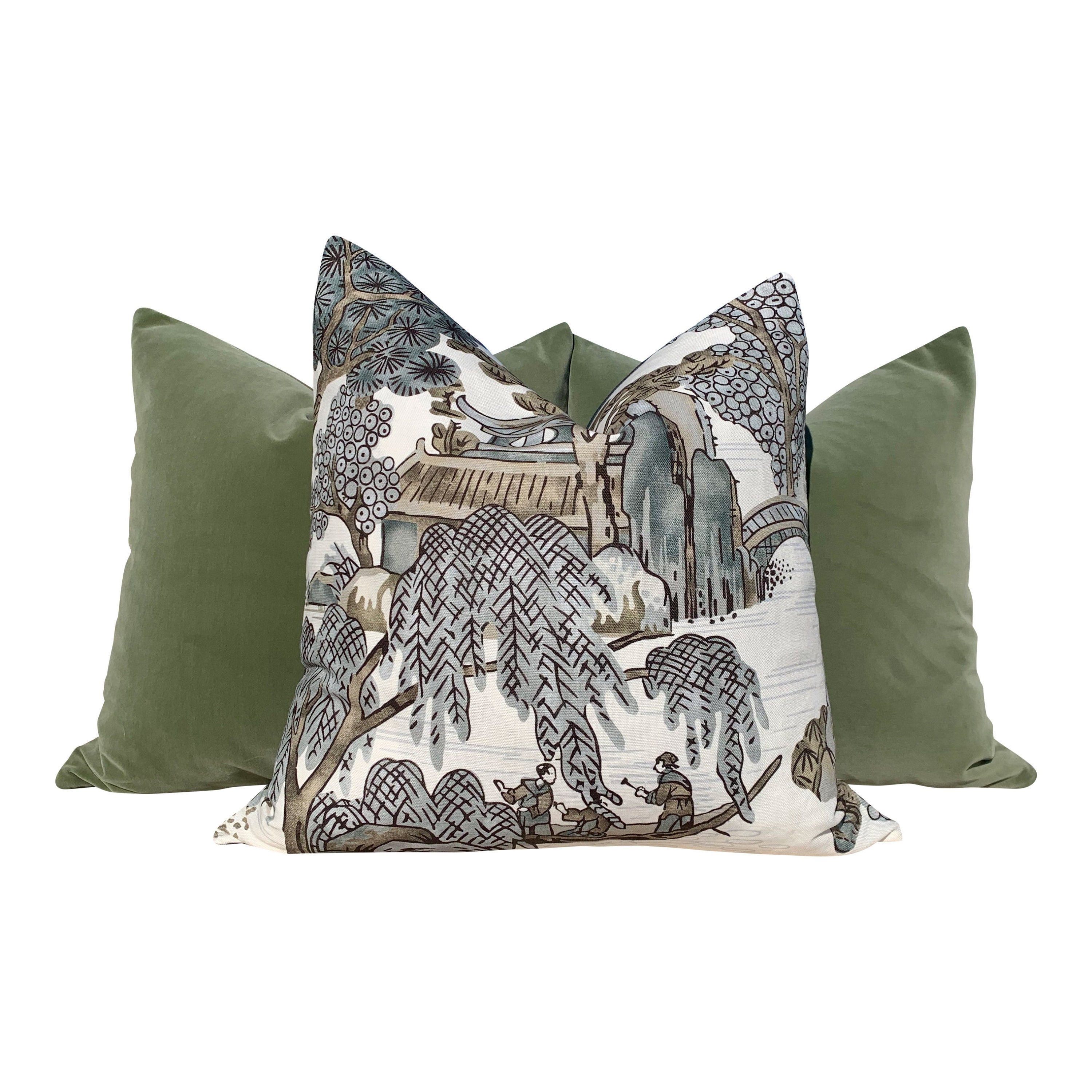 Thibaut "Asian Scenic" Pillow In Gray. Chinoiserie Lumbar Decorative Pillow in Gray.