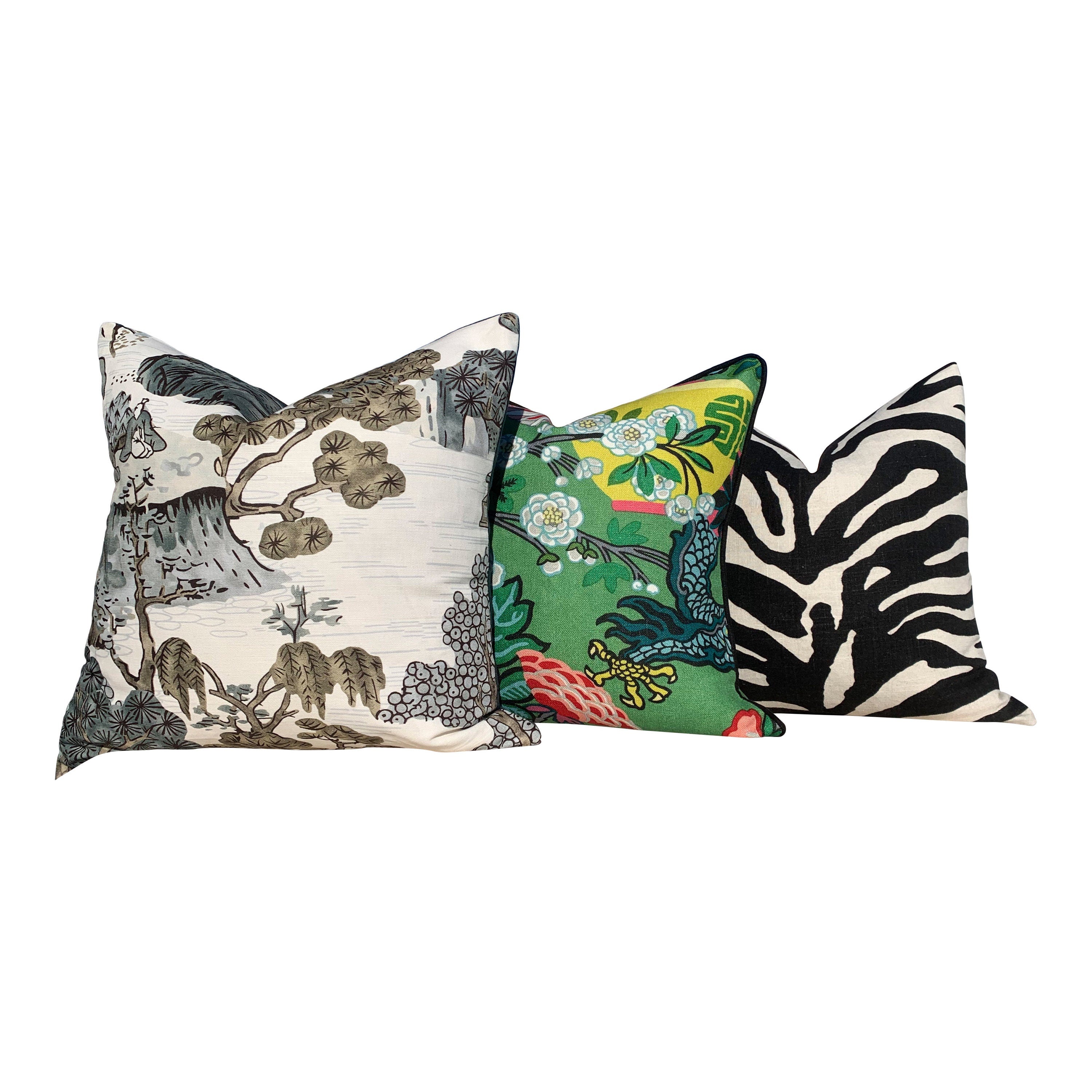 Thibaut "Asian Scenic" Pillow In Gray. Chinoiserie Lumbar Decorative Pillow in Gray.