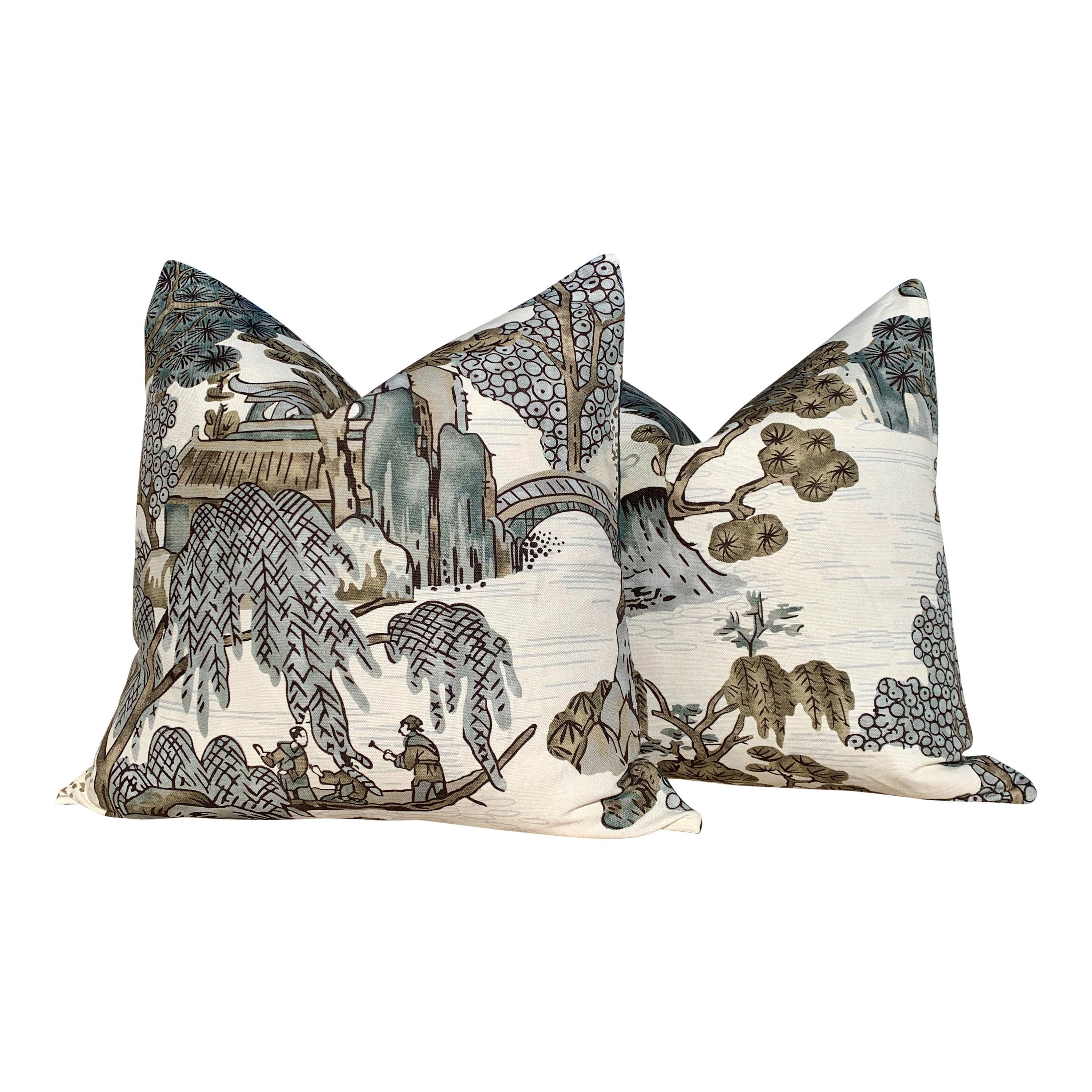 Thibaut "Asian Scenic" Pillow In Gray. Chinoiserie Lumbar Decorative Pillow in Gray.