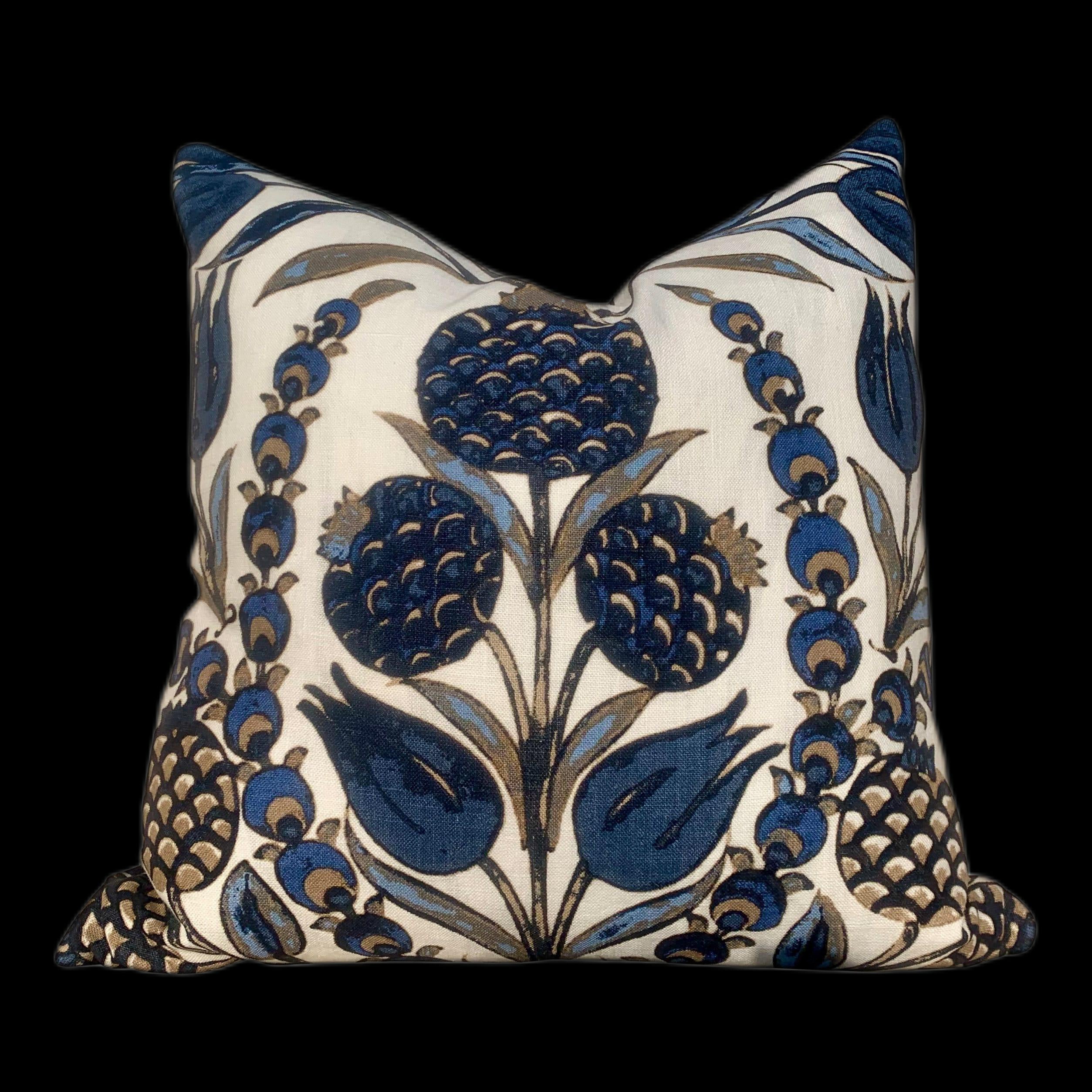 Thibaut Corneila Pillow Navy. Blue Beige Pillow //  Lumbar Floral Pillow // Euro Sham Pillow 26x26 // 18x18 20x20 22x22 24x24 Square Pillow