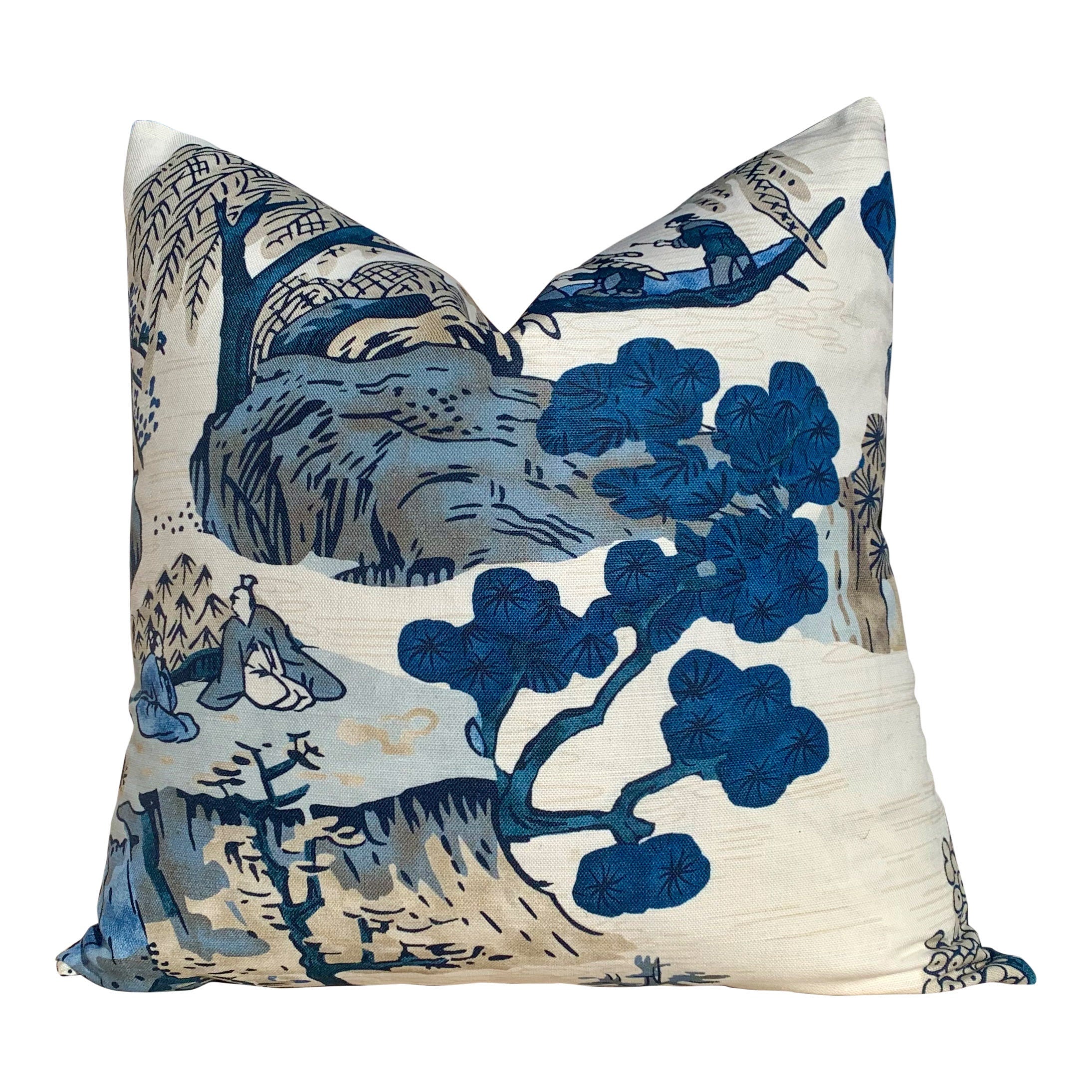 Thibaut Asian Scenic Pillow Blue. Tea House Lumbar Decorative Pillow, Pagoda Designer pillows, decorative pillow, Chinoiserie pagoda blue