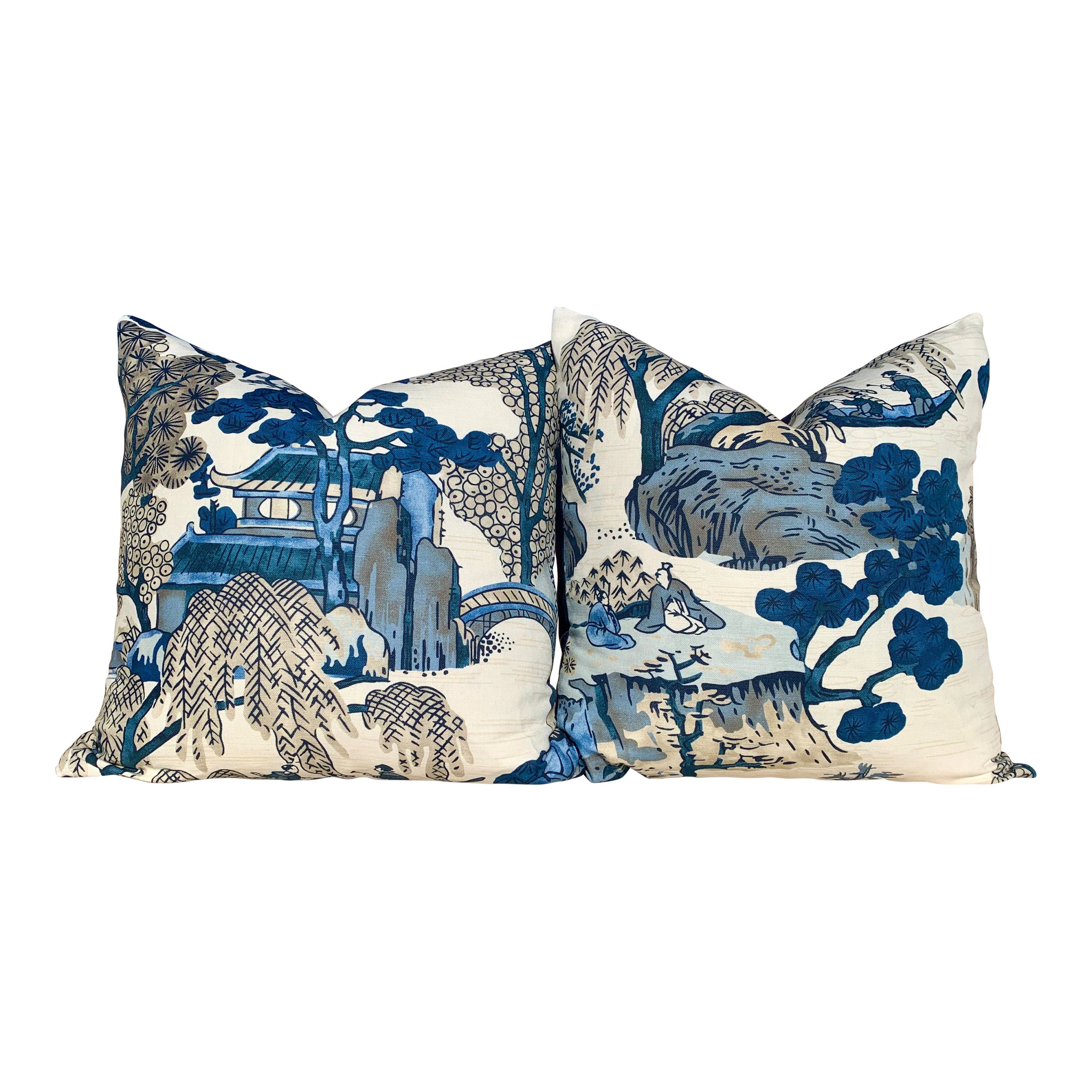Thibaut Asian Scenic Pillow Blue. Tea House Lumbar Decorative Pillow, Pagoda Designer pillows, decorative pillow, Chinoiserie pagoda blue