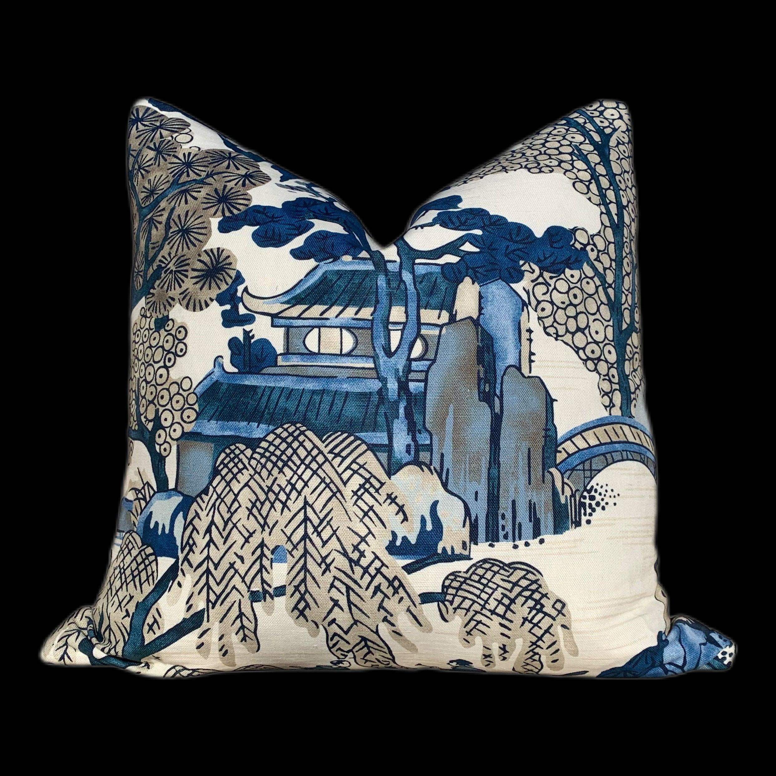 Thibaut Asian Scenic Pillow Blue. Tea House Lumbar Decorative Pillow, Pagoda Designer pillows, decorative pillow, Chinoiserie pagoda blue