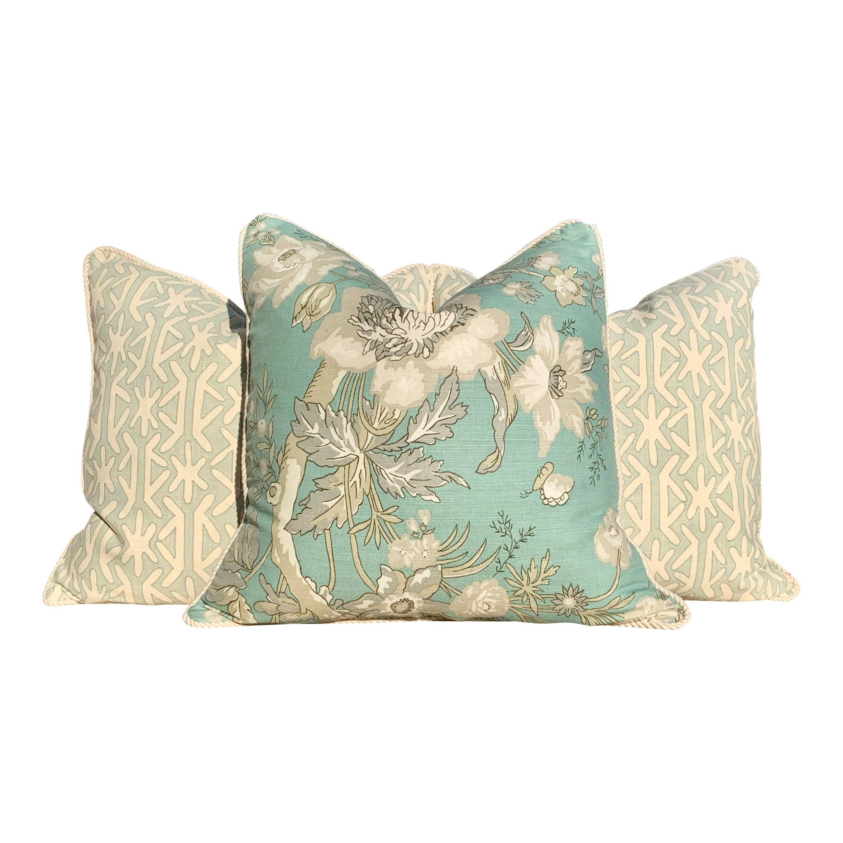 Thibaut Nemour Floral Pillow In Aqua Green Embellished with Cotton Rope Trim . Lumbar Floral Pillow.