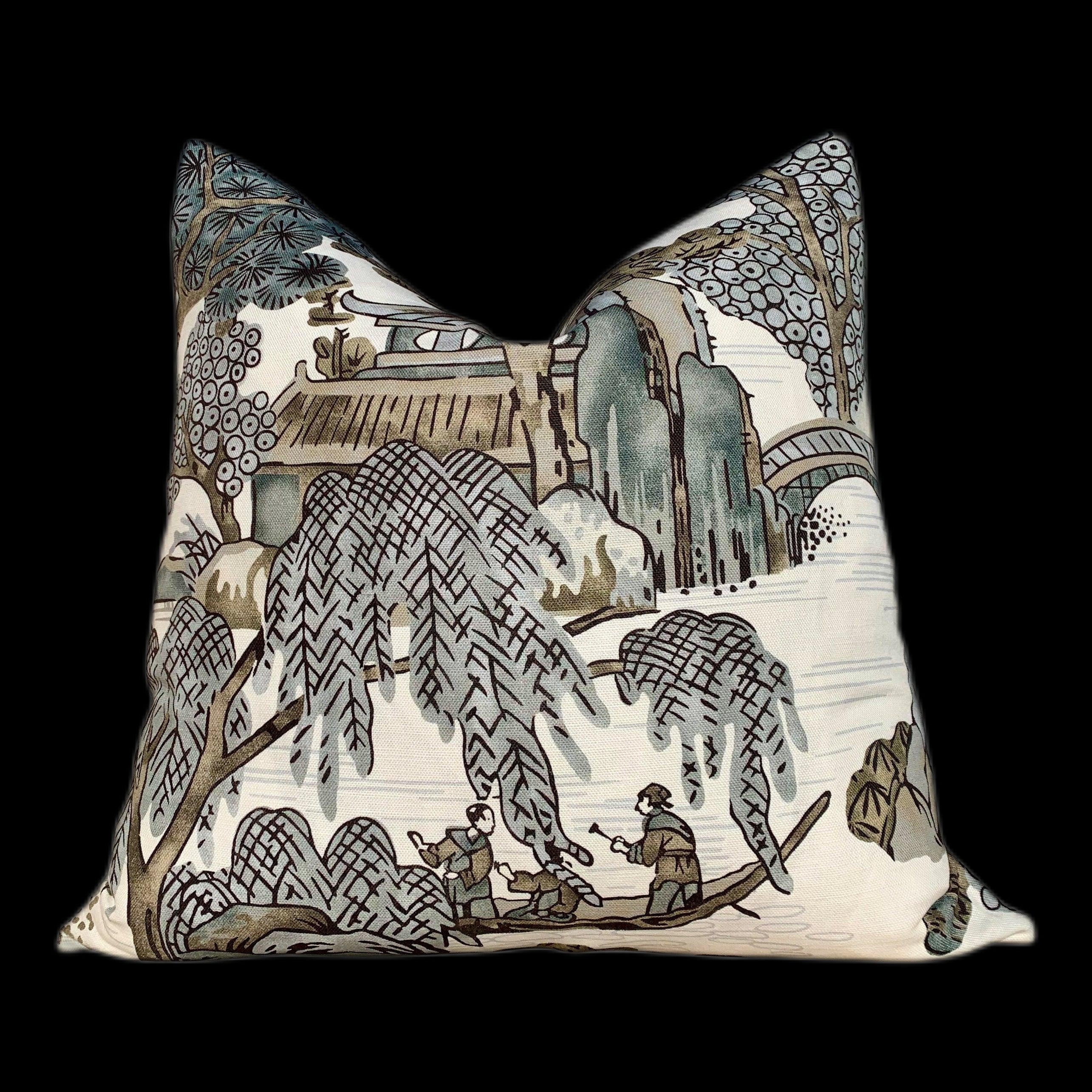 Thibaut "Asian Scenic" Pillow In Gray. Chinoiserie Lumbar Decorative Pillow in Gray.