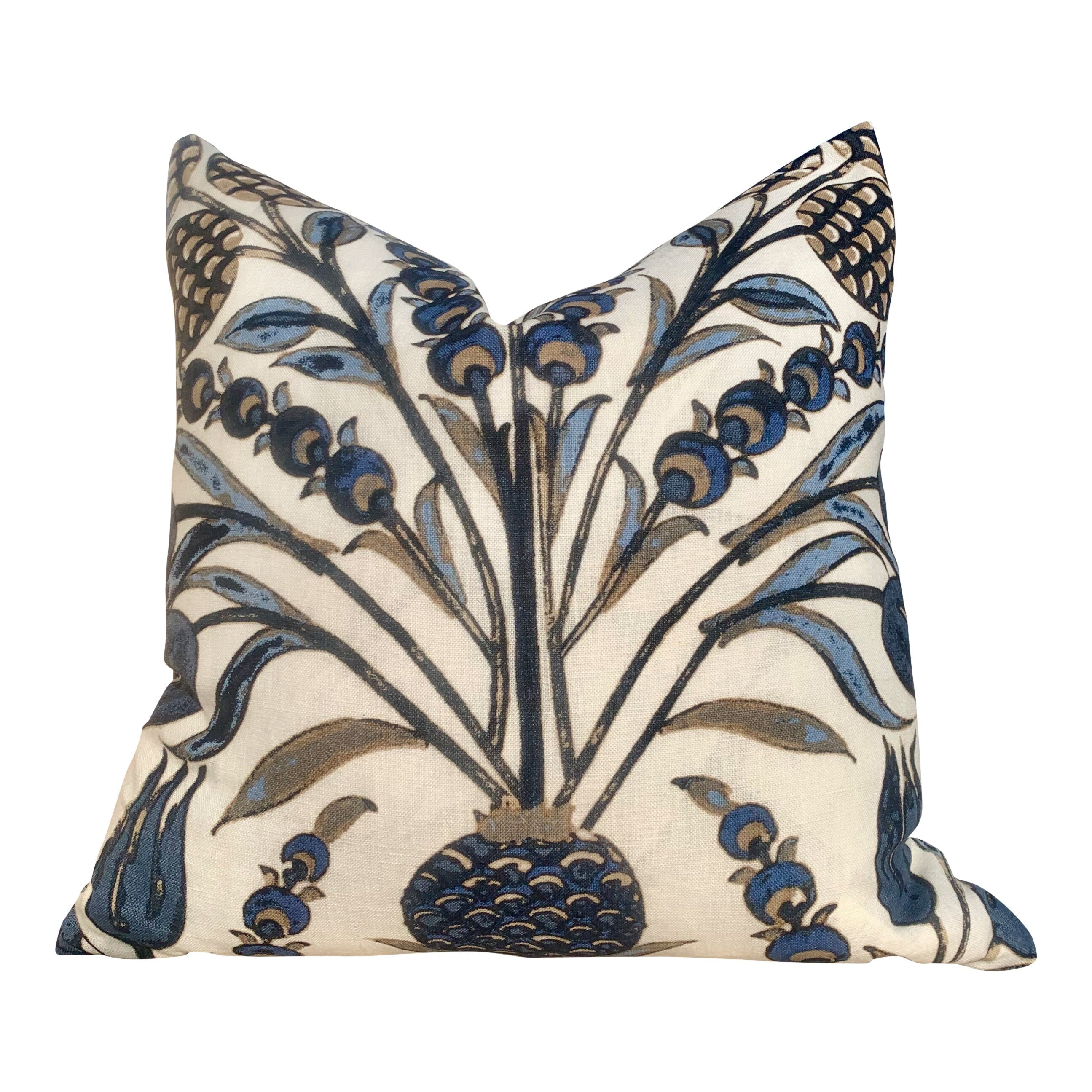 Thibaut Corneila Pillow Navy. Blue Beige Pillow //  Lumbar Floral Pillow // Euro Sham Pillow 26x26 // 18x18 20x20 22x22 24x24 Square Pillow