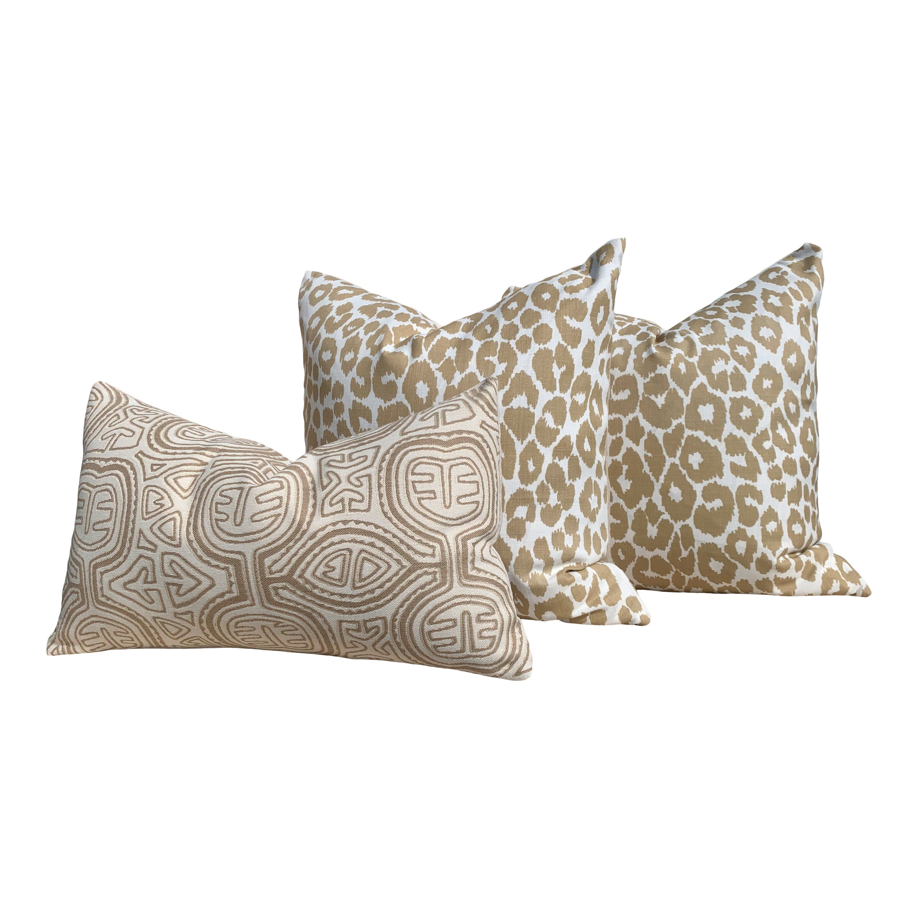 Indoor/Outdoor Schumacher Leopard Pillow in Tan. Animal Print Outdoor lumbar Pillow in Beige.