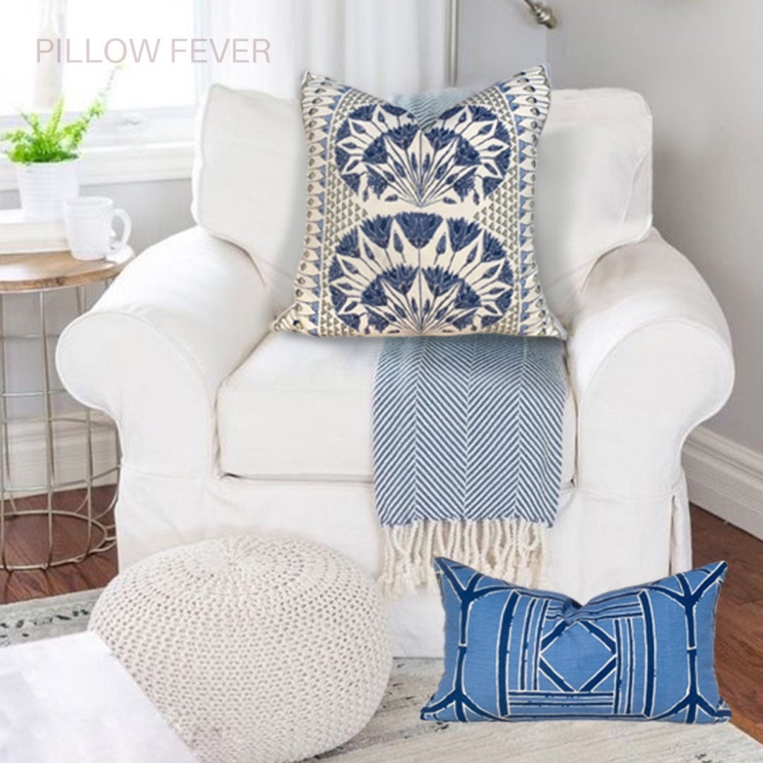 Thibaut Shoji Panel Pillow in BLue. Lumbar Bamboo Cushion in Navy. Accent Chinoiserie Pillow. Designer pillows, accent cushion cover