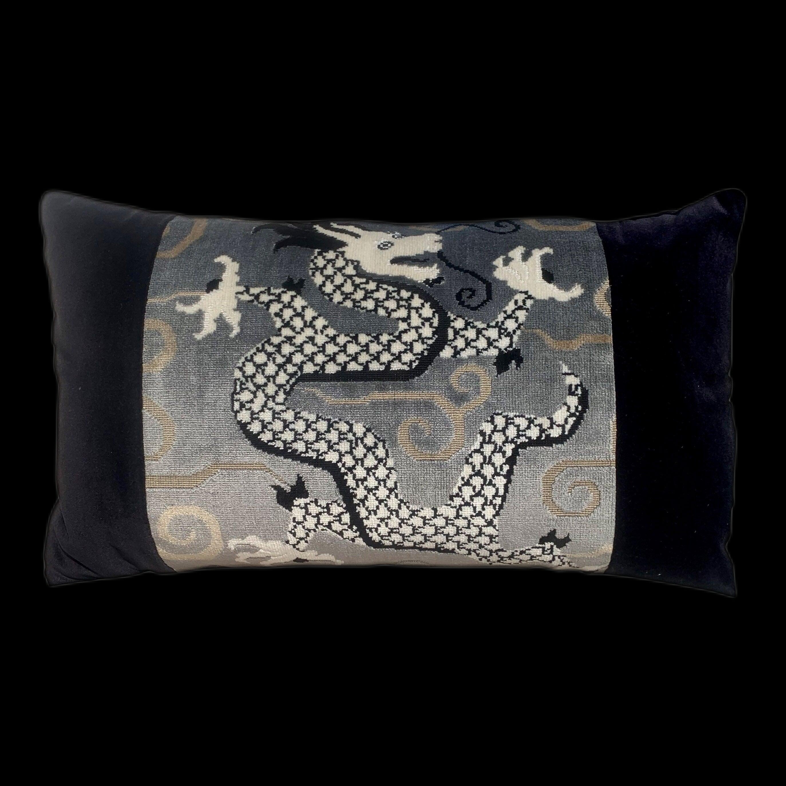 Schumacher Bixi Velvet Pillow Smoke. Velvet Lumbar Pillow // Chinoiserie Pillow // Black Velvet Pillow