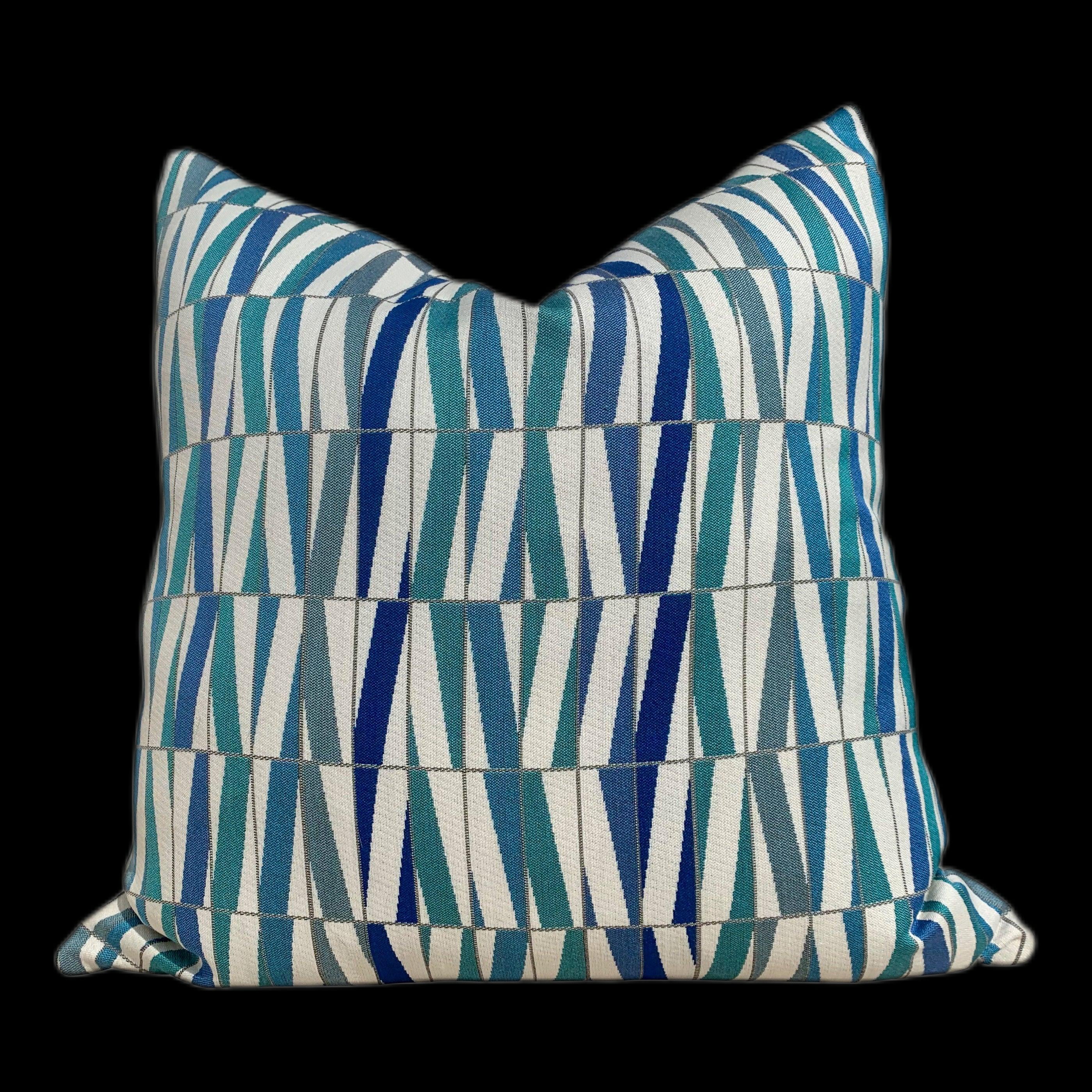 Sunbrella Outdoor Indoor Geometric Pillow  in Aqua. Lumbar Outdoor Pillow in Blue and Teal.