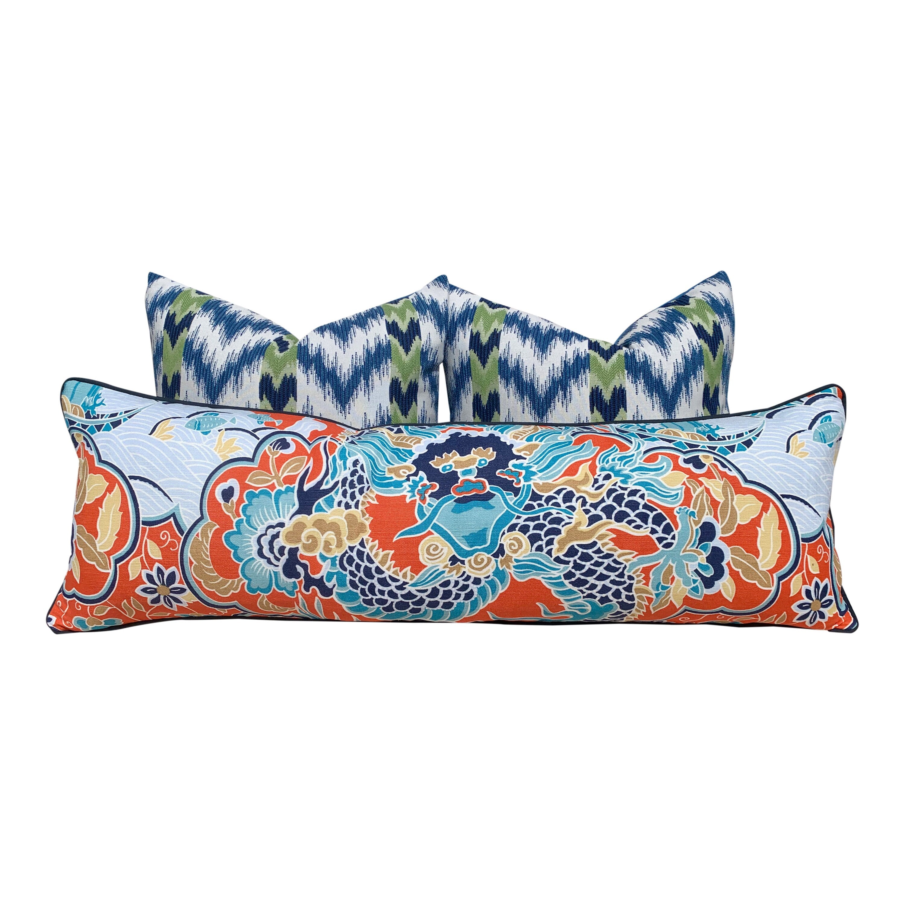 Thibaut Imperial Dragon Pillow in Orange and Turquoise. Decorative Lumbar Pillow