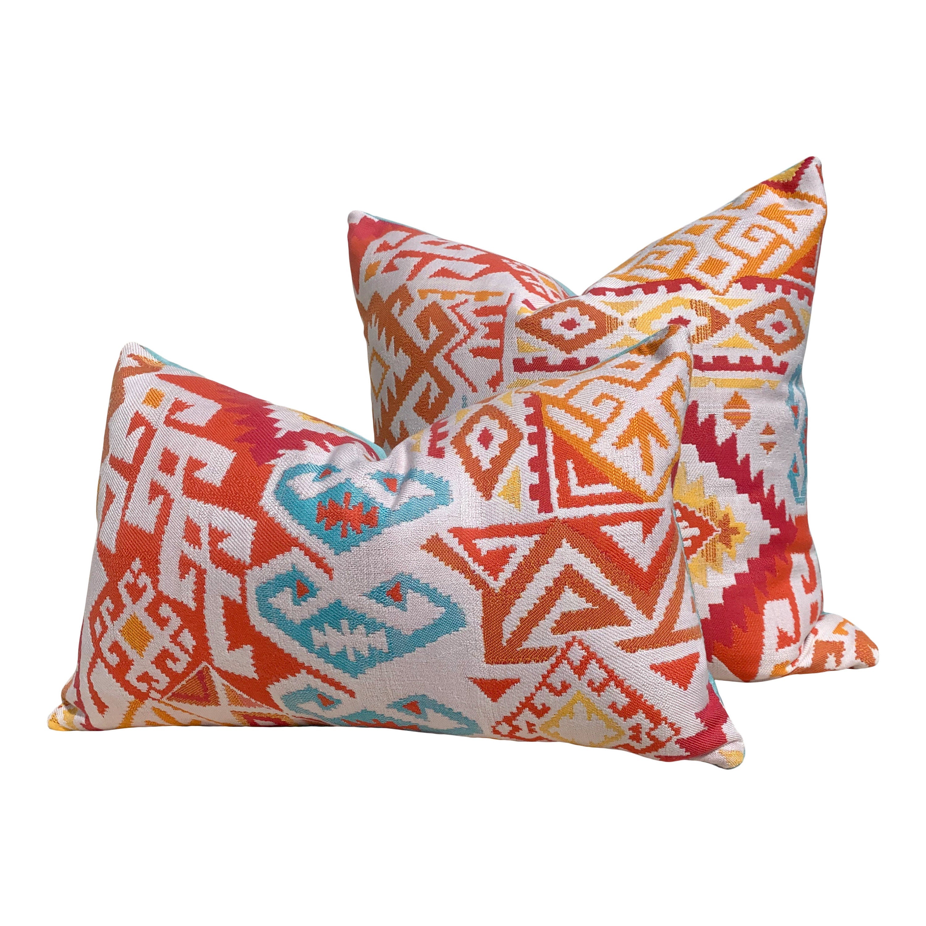Sunbrella Woven Outdoor Indoor Pillow in Fiesta. Boho Outdoor Lumbar Pillow in Red and Orange, Lumbar Accent Outdoor Cushion Cover
