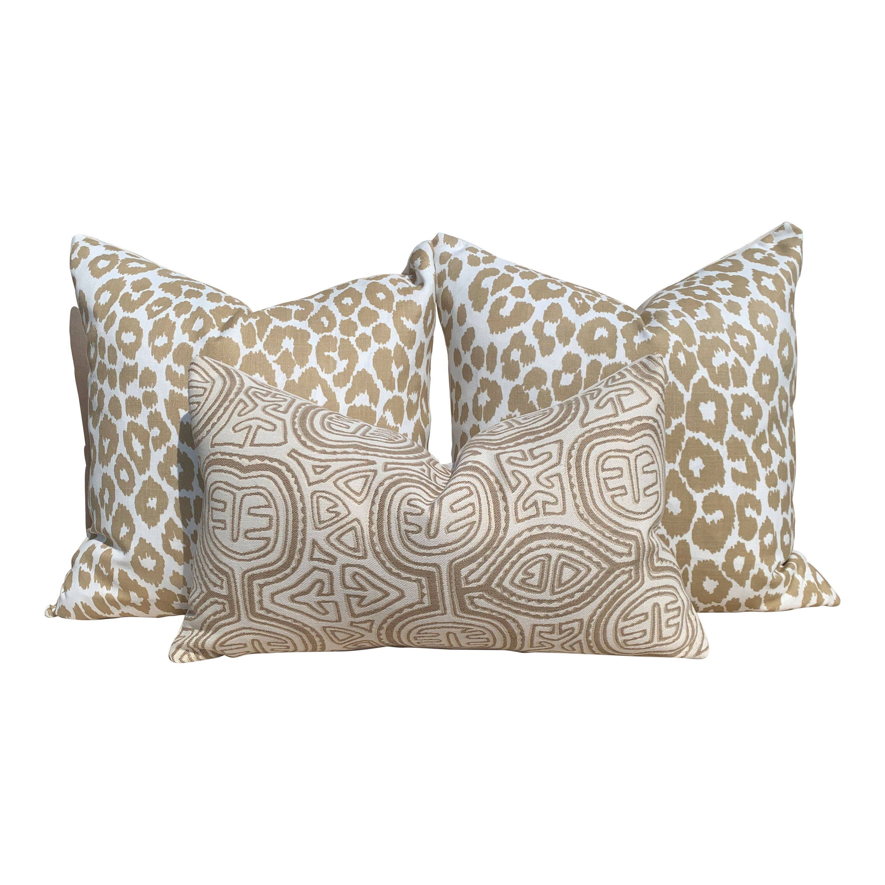 Indoor/Outdoor Schumacher Leopard Pillow in Tan. Animal Print Outdoor lumbar Pillow in Beige.