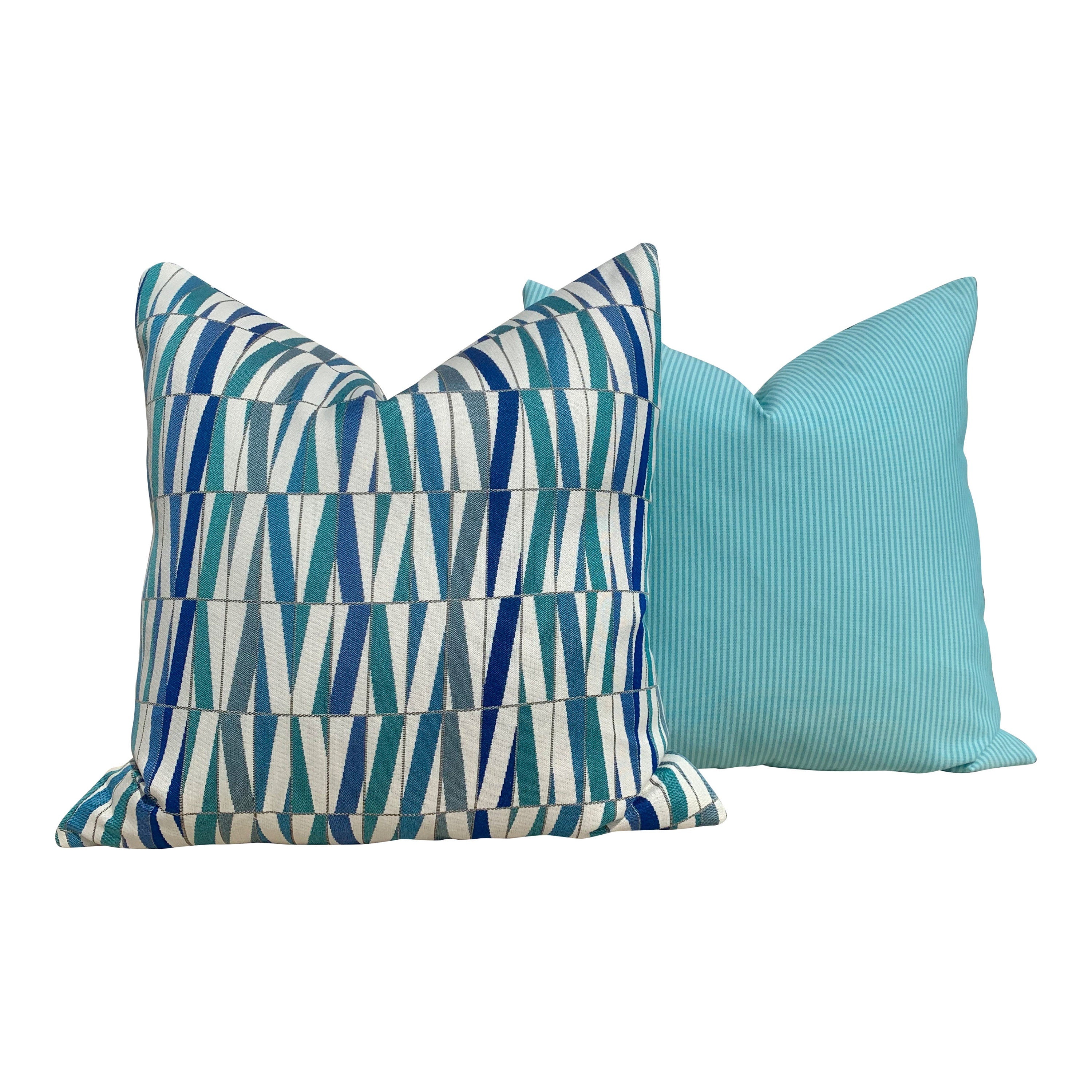 Sunbrella Outdoor Indoor Geometric Pillow  in Aqua. Lumbar Outdoor Pillow in Blue and Teal.