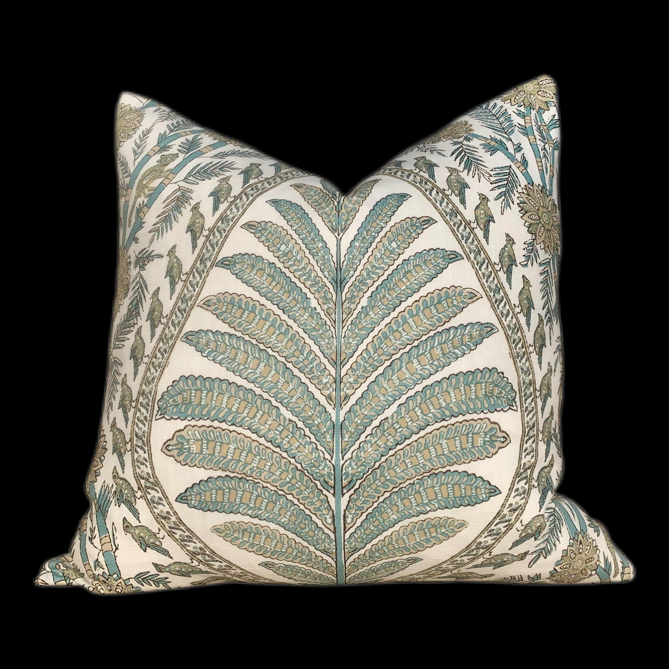 Thibaut Palampore Pillow in Spa and Tan. Lumbar Decorative Bird Pillow.