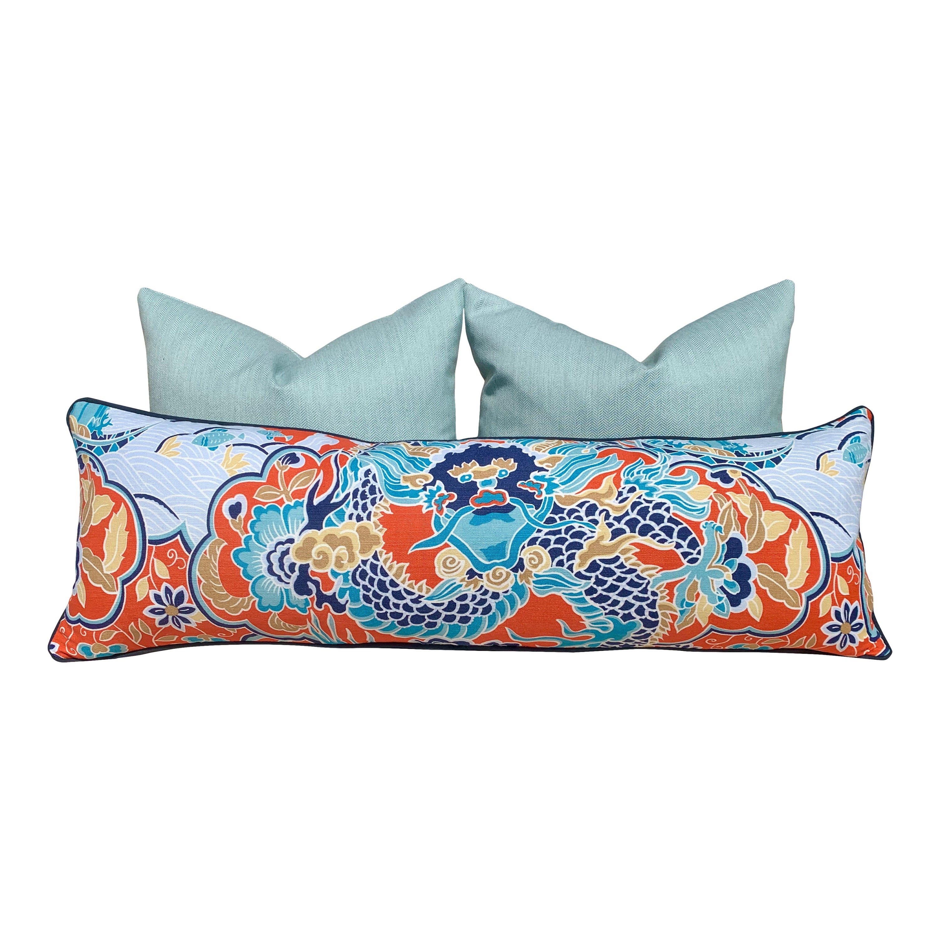 Thibaut Imperial Dragon Pillow in Orange and Turquoise. Decorative Lumbar Pillow