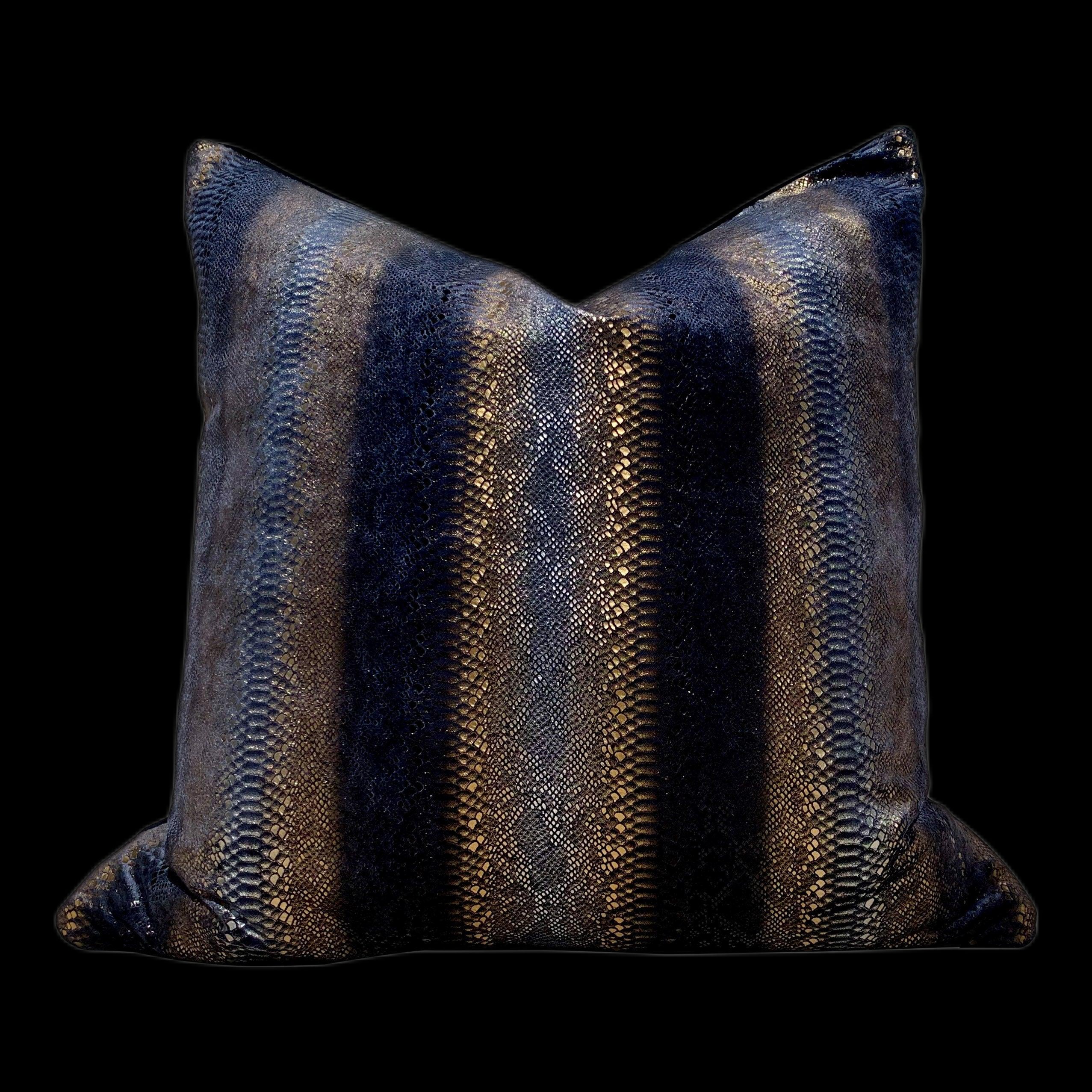 Luxury Snake Skin Velvet Pillow in Gold and Navy .Animal Skin Accent Lumbar Velvet Pillow.
