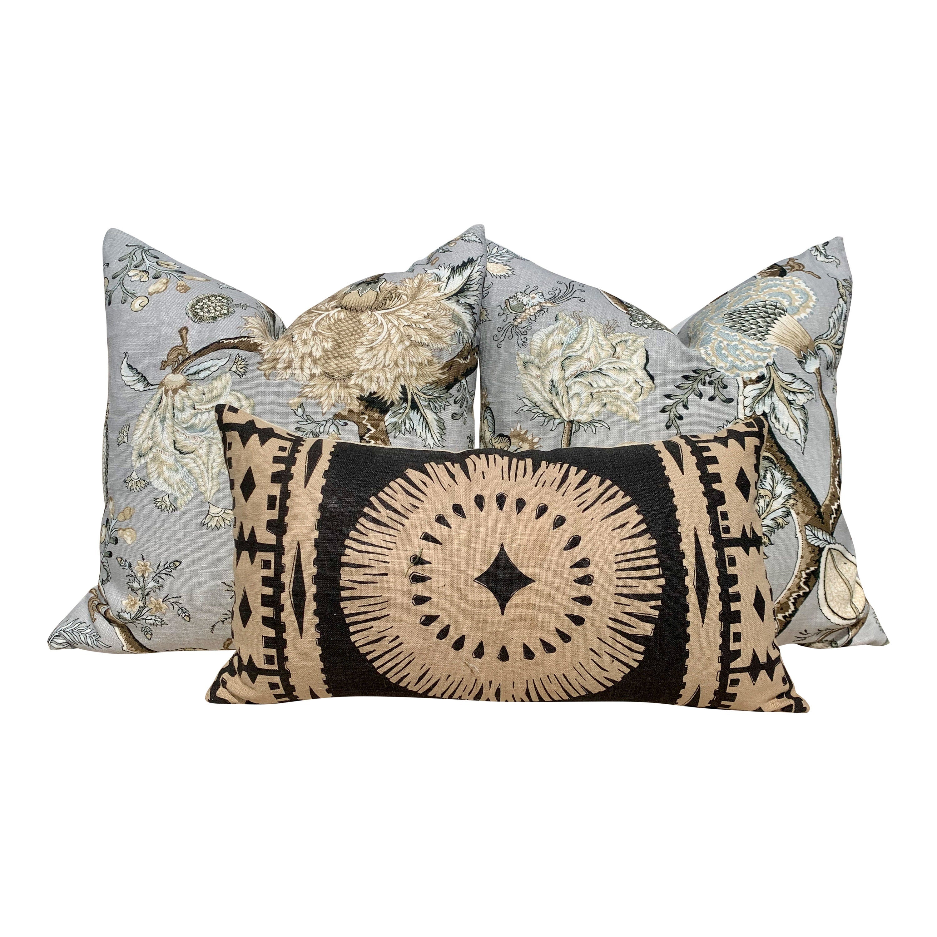 Scalamandre Pondicherry Floral Linen Pillow in Mineral. Lumbar Floral Pillow in Mineral.