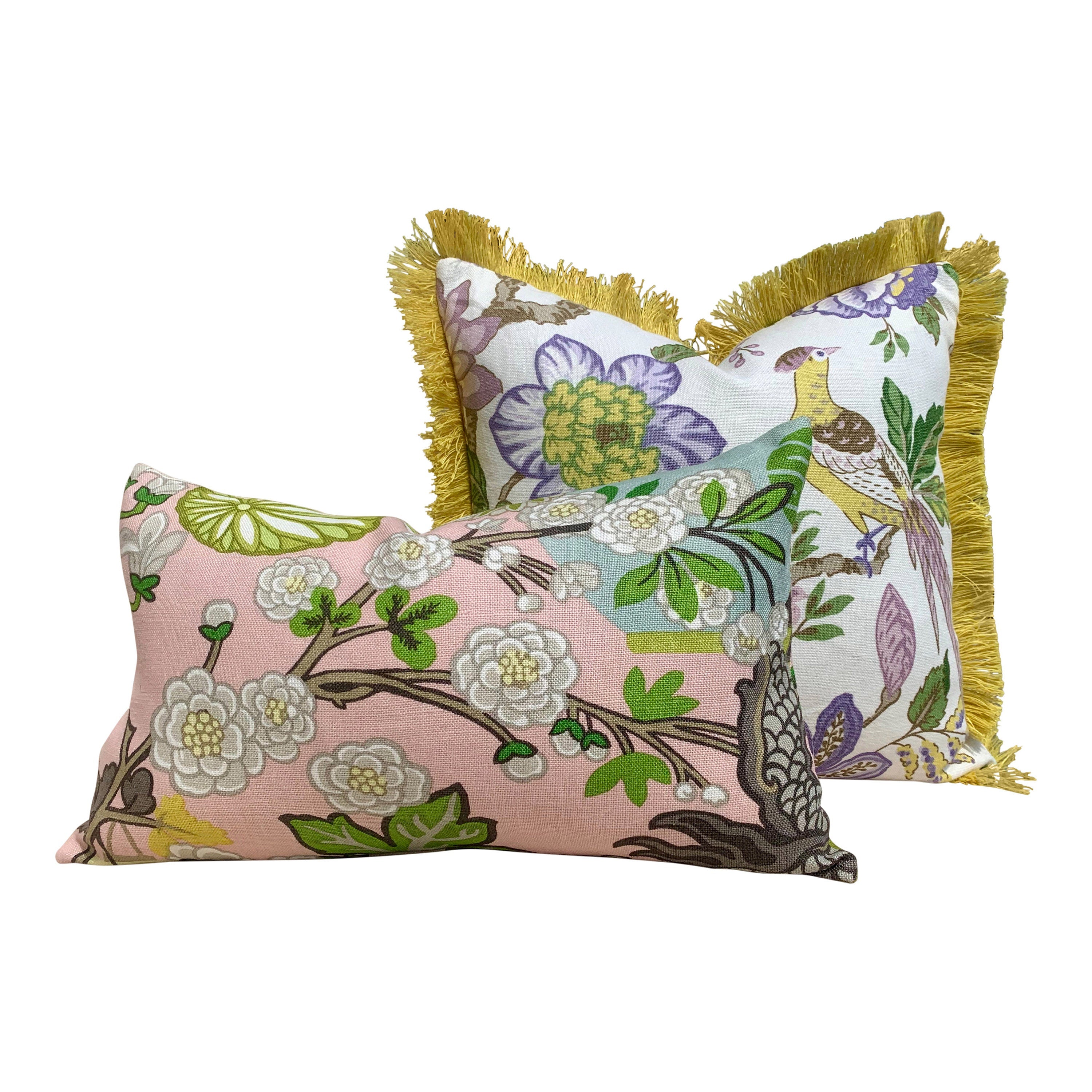 Schumacher Huntington Garden Pillow in Lilac. Decorative lumbar Pillow in Yellow.