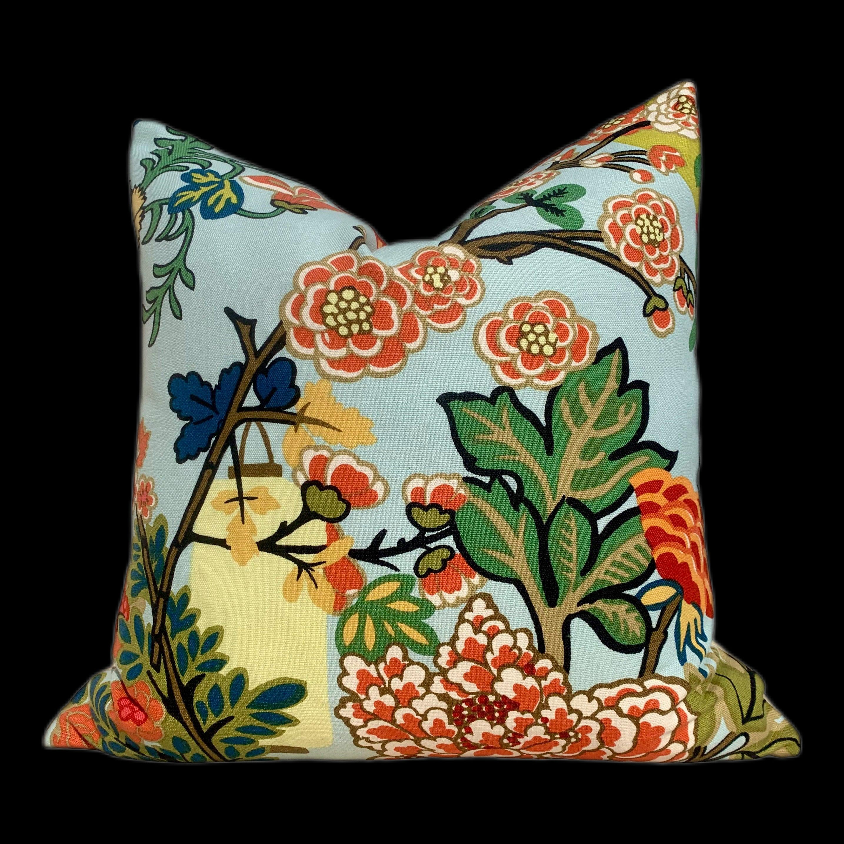 Chang Mai Dragon Pillow in Aqua. Decorative Floral Asian Lumbar Linen Pillow in Spa Chinoiserie Pillow Euro Sham Pillow, Schumacher pillow