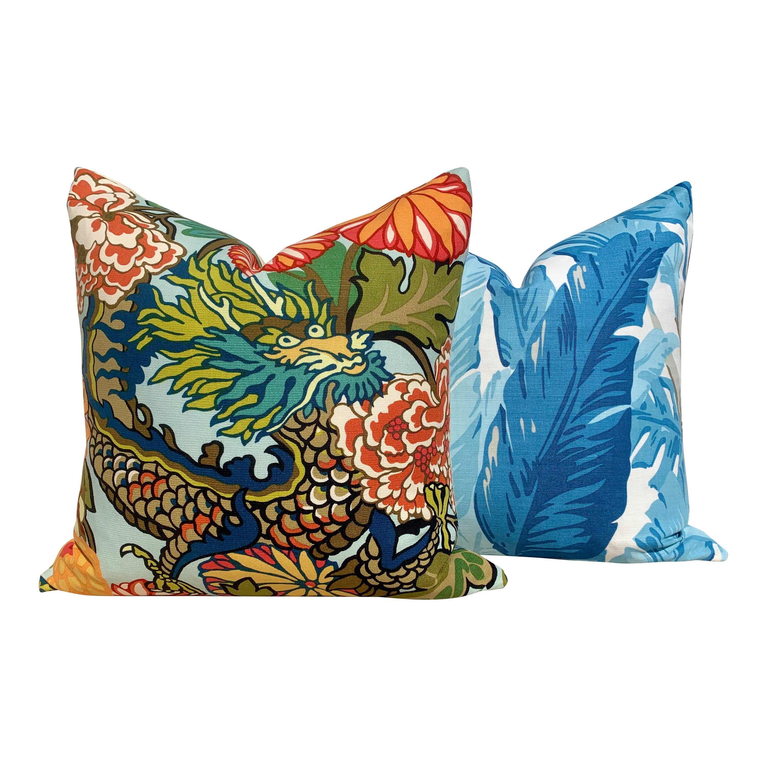 Schumacher Chang Mai Dragon Pillow in Aquamarine. Chinoiserie Accent Lumbar Linen Pillow, Aqua Blue Dragon Cushion Cover, Animal Print Decor