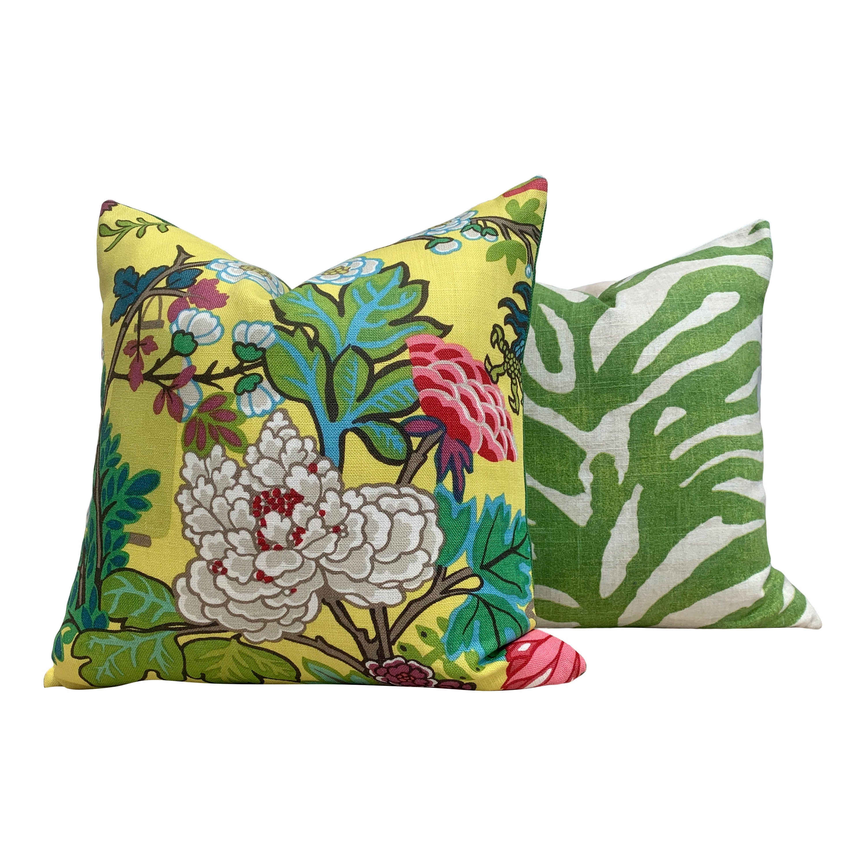 Chang Mai Dragon Pillow in Yellow . Chinoiserie Accent Lumbar Linen Pillow in Teal and Yellow Decorative Schumacher Designer